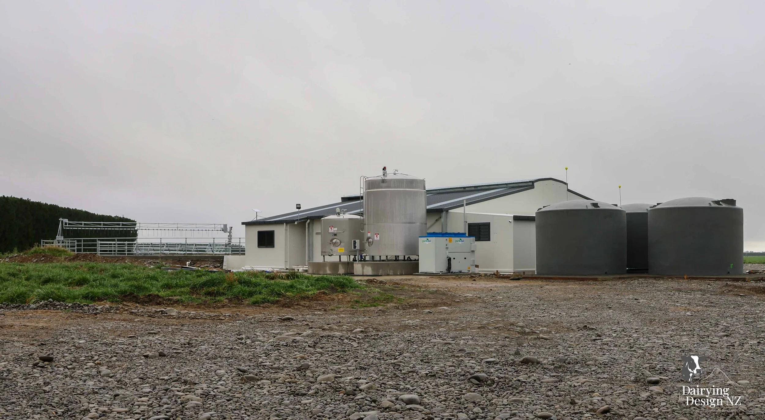  Canterbury rotary dairy shed development designed for efficient milking and cow flow built by Rural Building Solutions, featuring a Donald Engineering Rotary Platform, Earthworks by Densem Contracting 2010 Ltd, Refrigeration by Dairycool, Feed silos