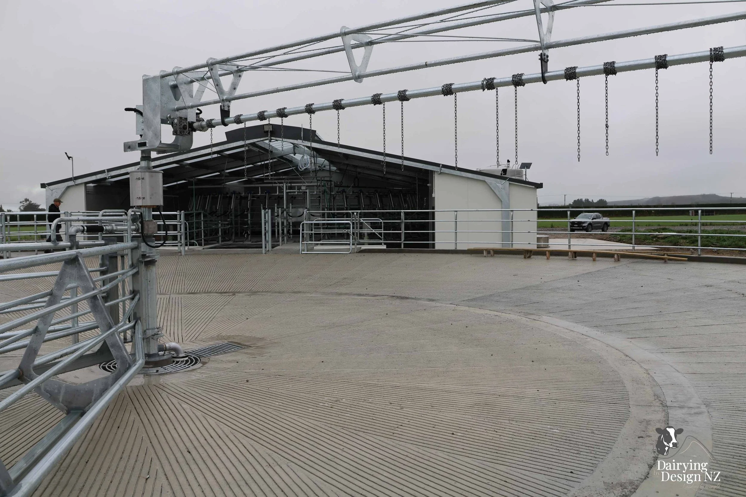  Canterbury rotary dairy shed development designed for efficient milking and cow flow built by Rural Building Solutions, featuring a Donald Engineering Rotary Platform, Earthworks by Densem Contracting 2010 Ltd, Refrigeration by Dairycool, Feed silos