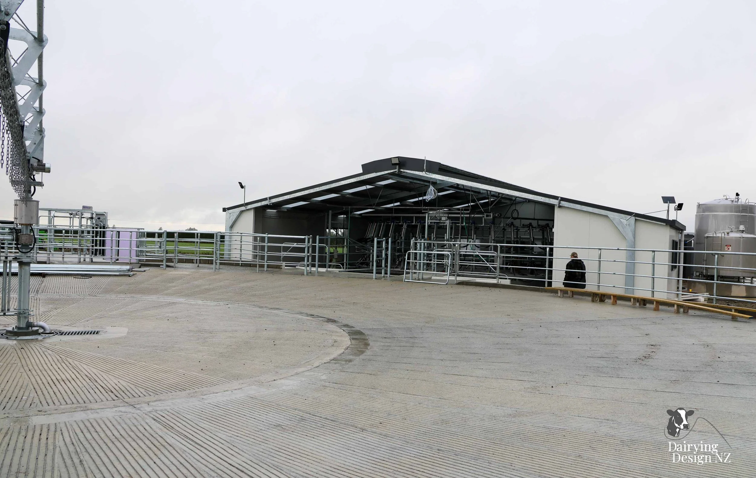 Canterbury rotary dairy shed development designed for efficient milking and cow flow built by Rural Building Solutions, featuring a Donald Engineering Rotary Platform, Earthworks by Densem Contracting 2010 Ltd, Refrigeration by Dairycool, Feed silos