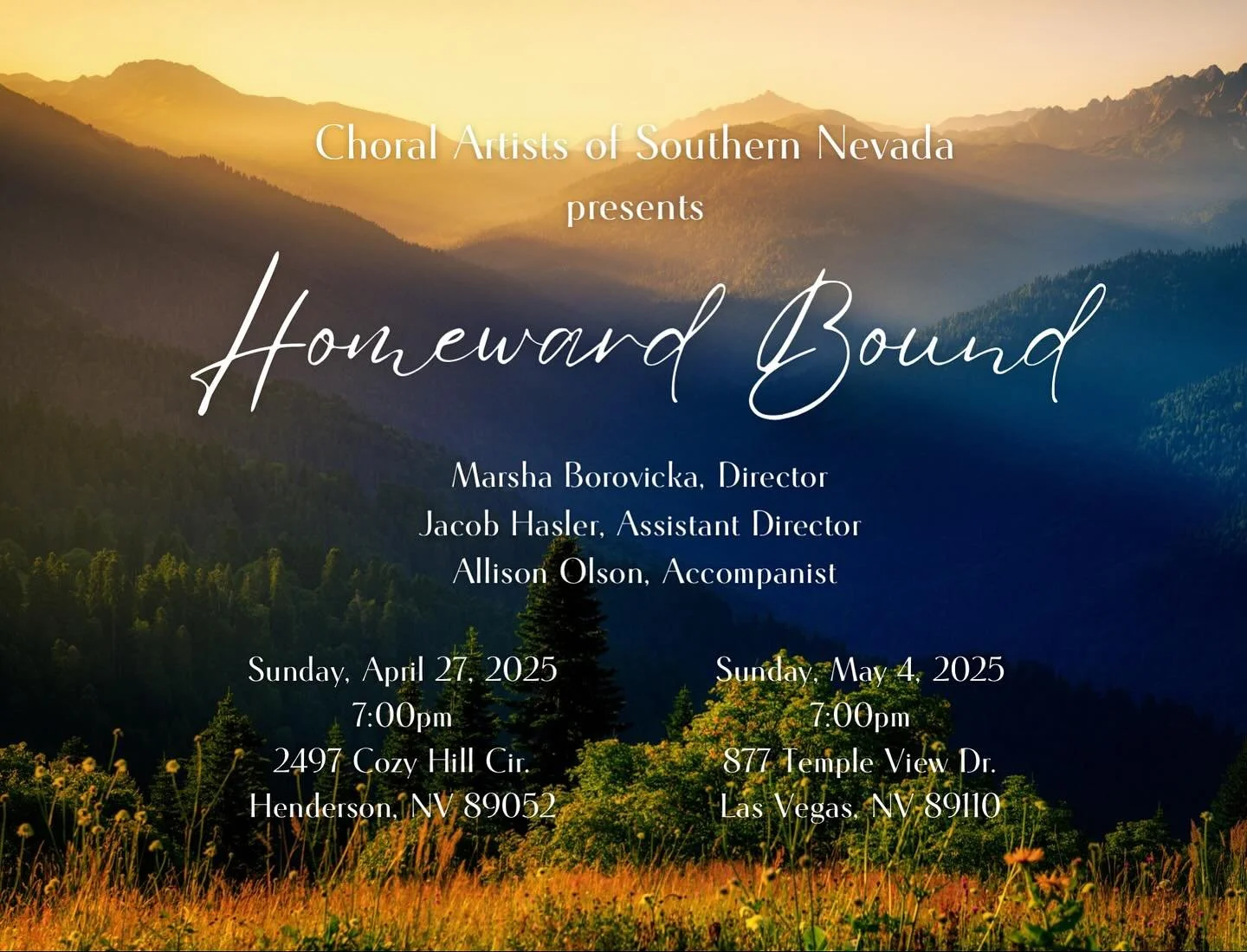 Mark those calendars! 📆 And get ready for some of the best folk songs you forgot you loved! 

April 27, 7PM
2497 Cozy Hill Circle
Henderson, NV 89052

May 4, 7PM
877 Temple View Drive
Las Vegas, NV 89110