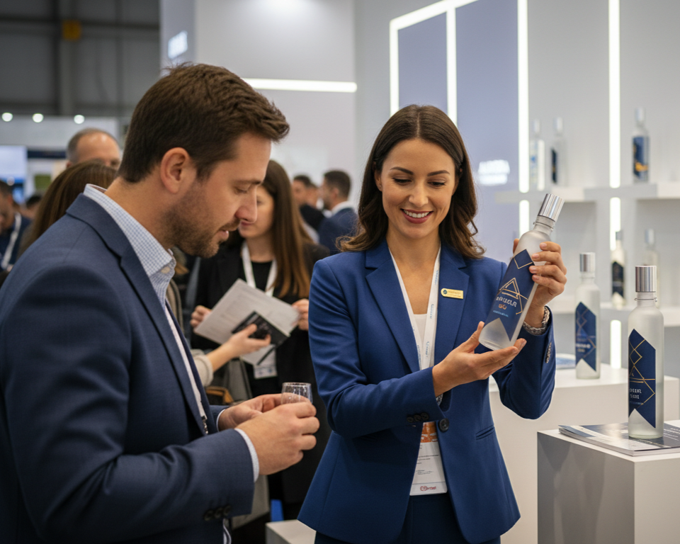 A representative for a beverage company showing a client their product line