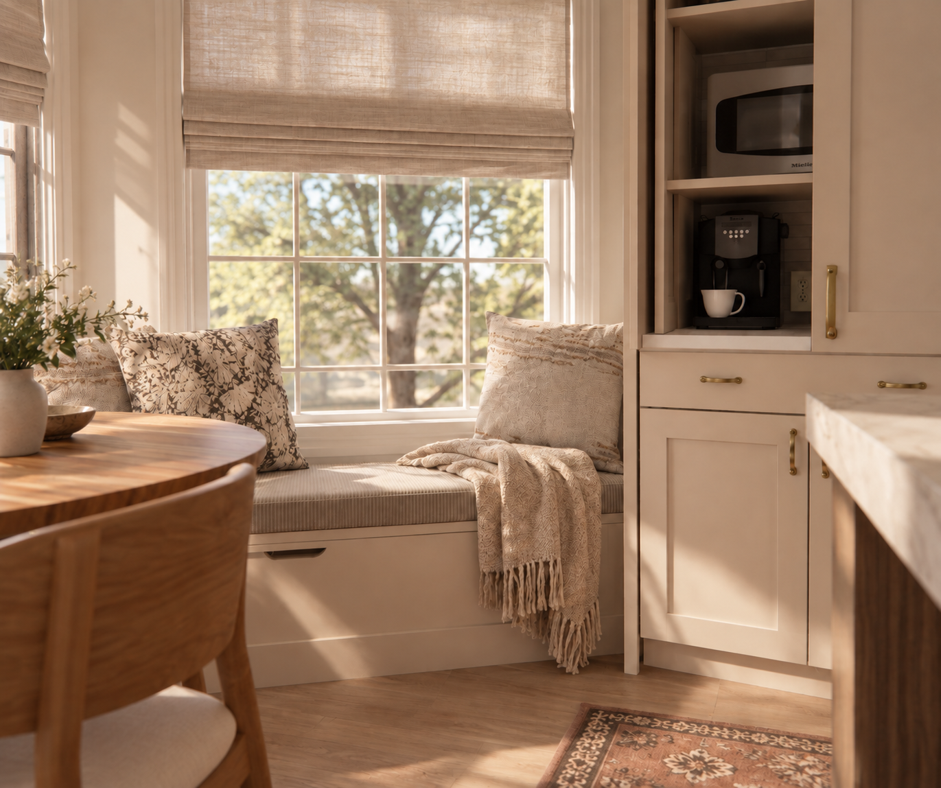 Breakfast nook with built-in seating and windows, Verona Residence, designed by The SoulSpace Design.