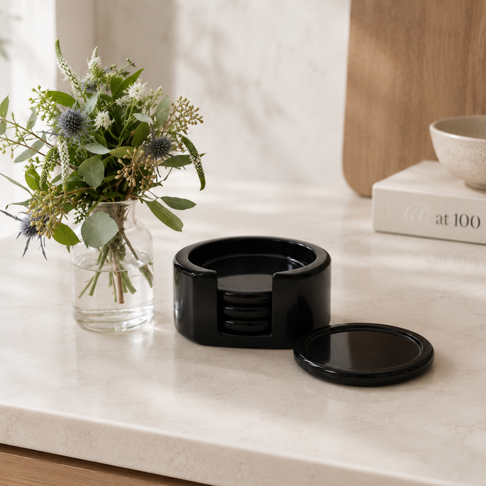 Noir Marble Coaster Set- Personalized Round Set of 4