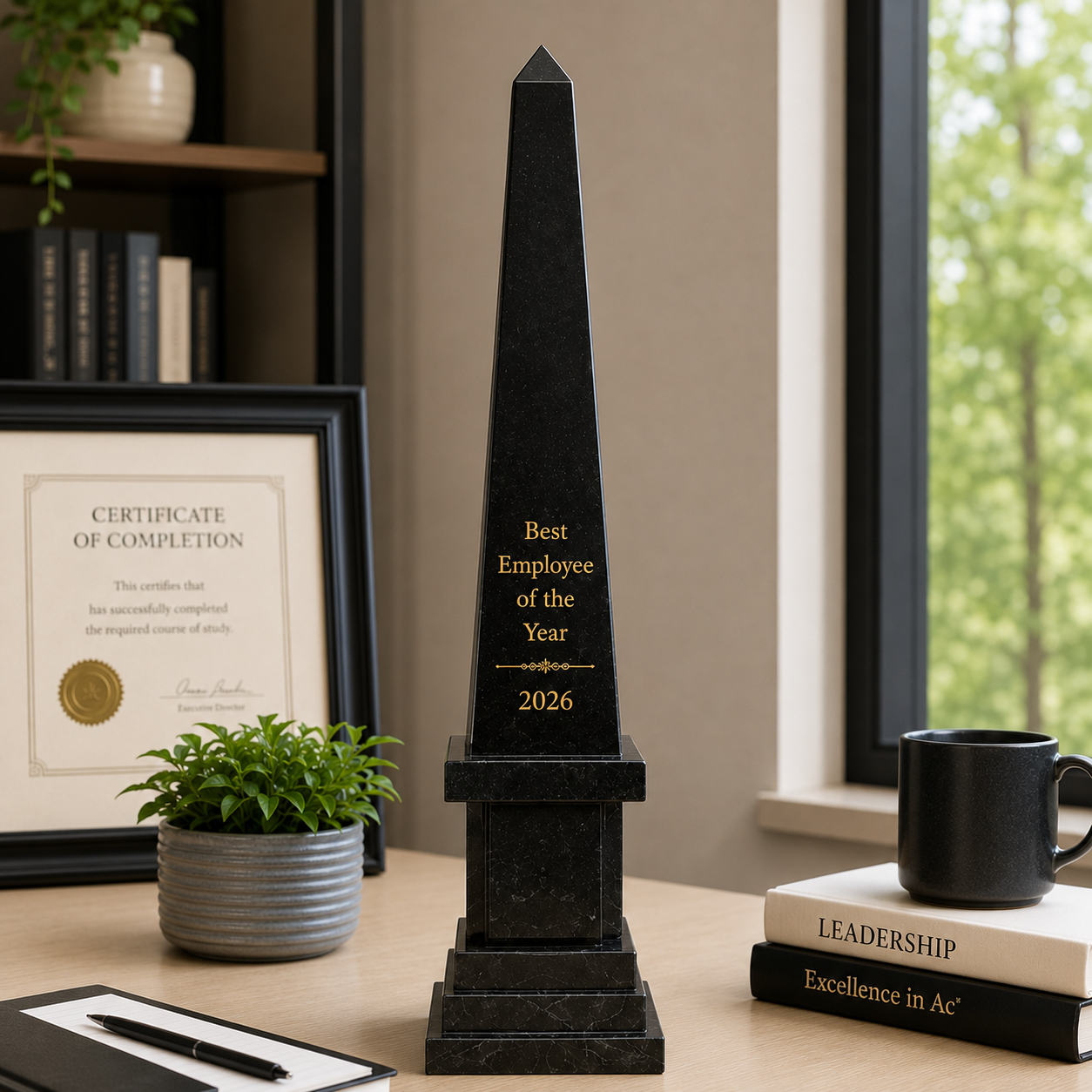 Jet Black Obelisk Award – Tall Modern Trophy with Custom Engraving