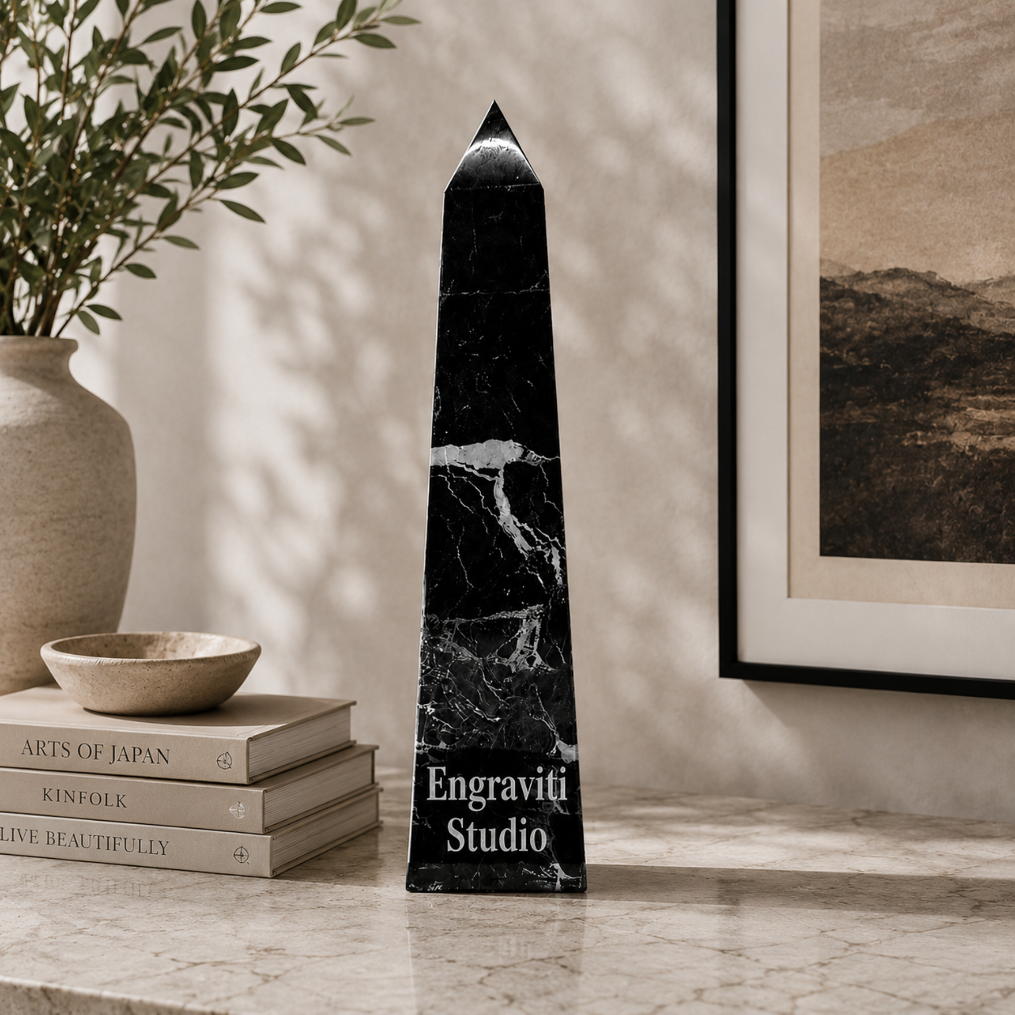 Black Zebra Marble Obelisk Award – 10” Custom Engraved Trophy with Bold Veining