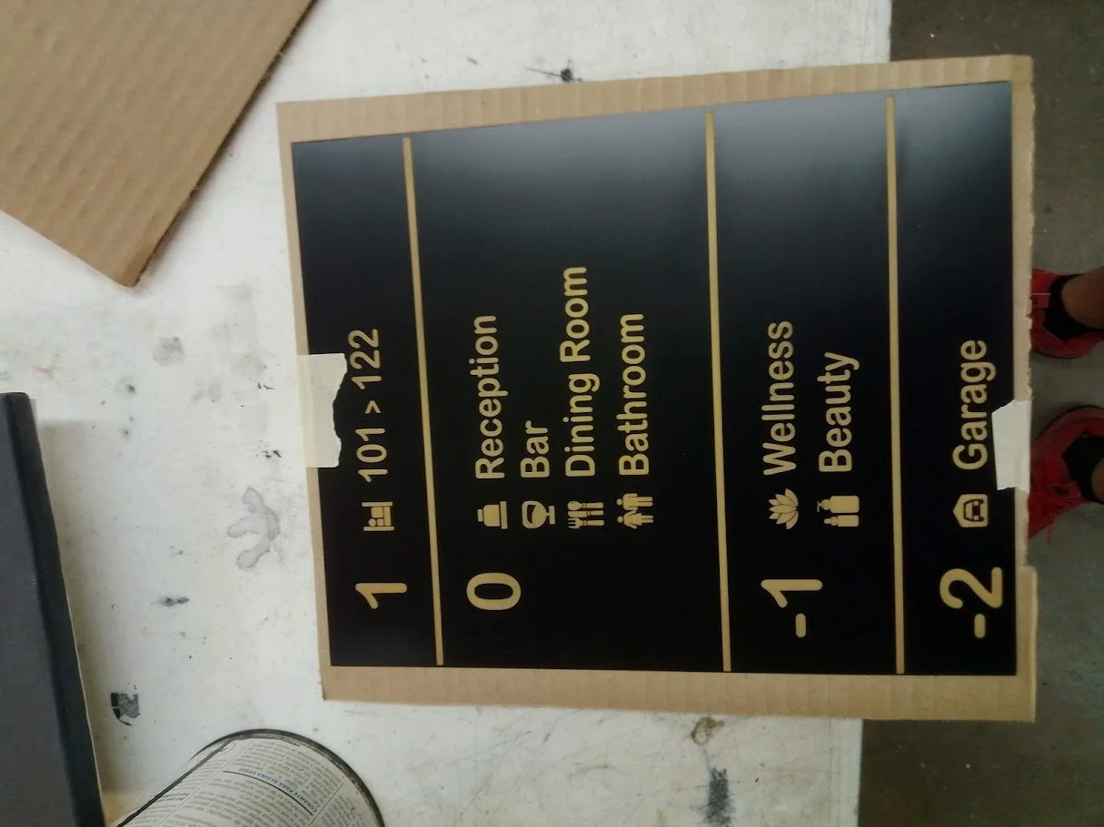 Indoor hotel or building directory sign with room numbers and amenities including reception, bar, dining room, bathroom, wellness, beauty, and garage.