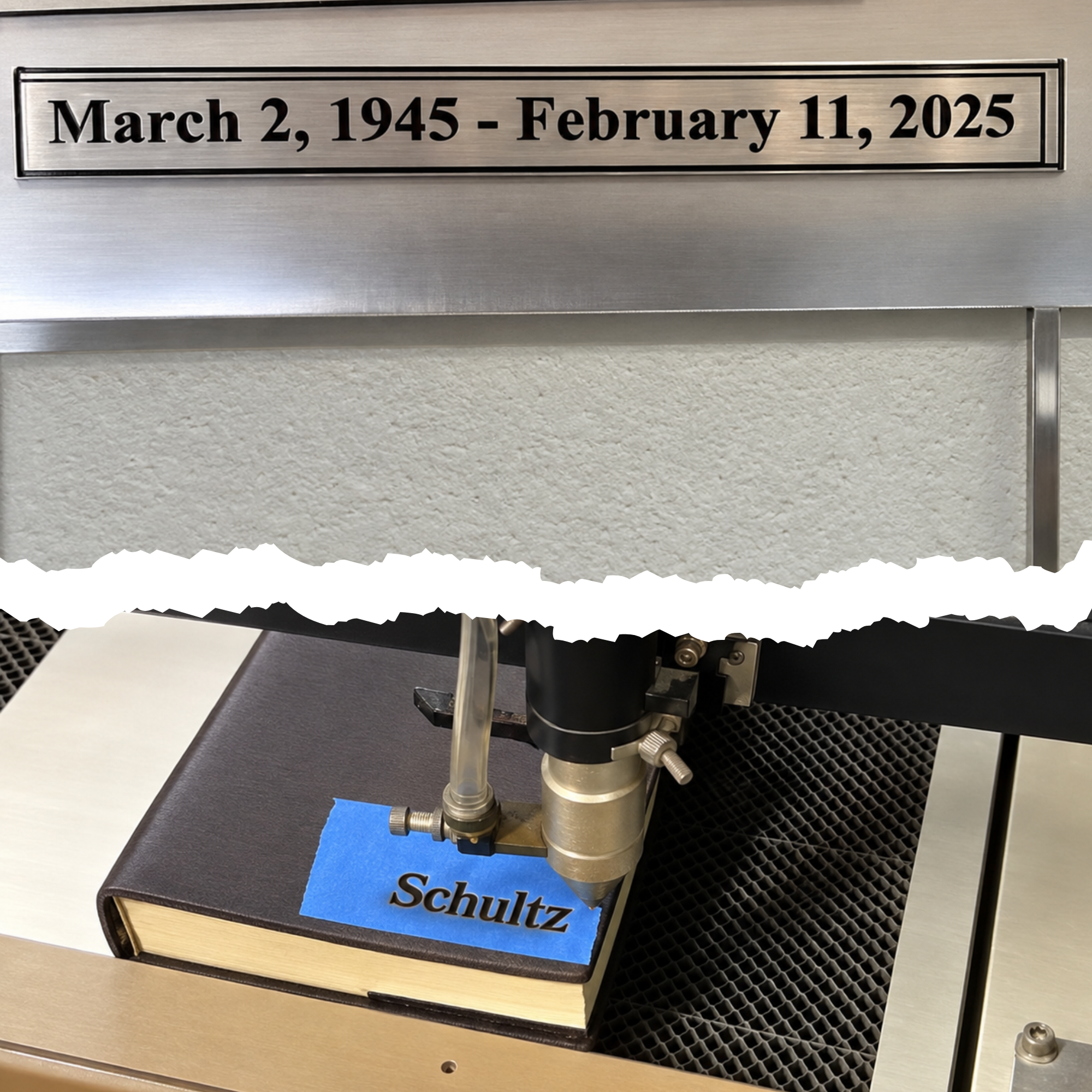 A metallic plaque with the dates March 2, 1945, and February 11, 2025, engraved on it, mounted on a light-colored wall.