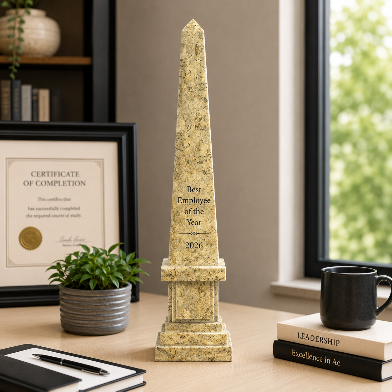 Fossil Marble Obelisk Award – Tall Engraved Trophy with Timeless Elegance