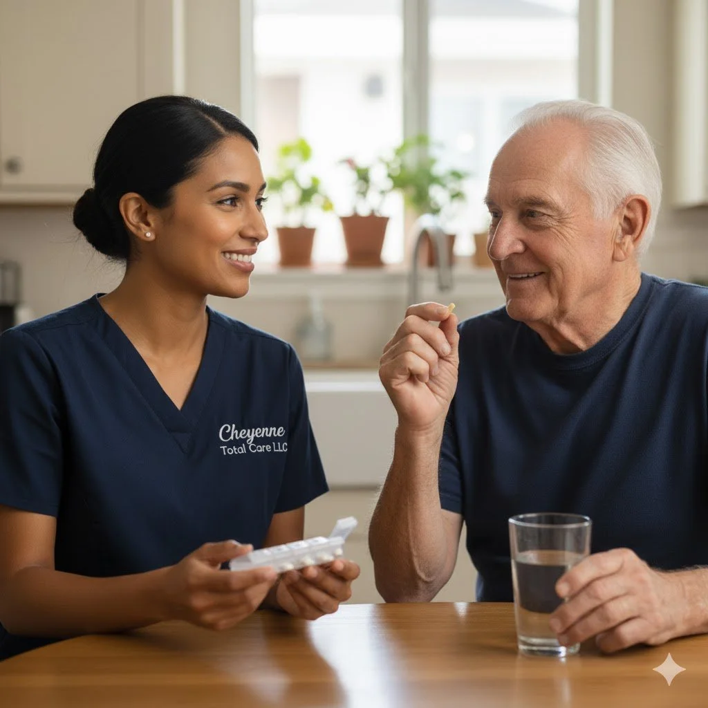 A healthcare worker smiling and talking with an elderly man at a kitchen table, holding medication and a glass of water.
