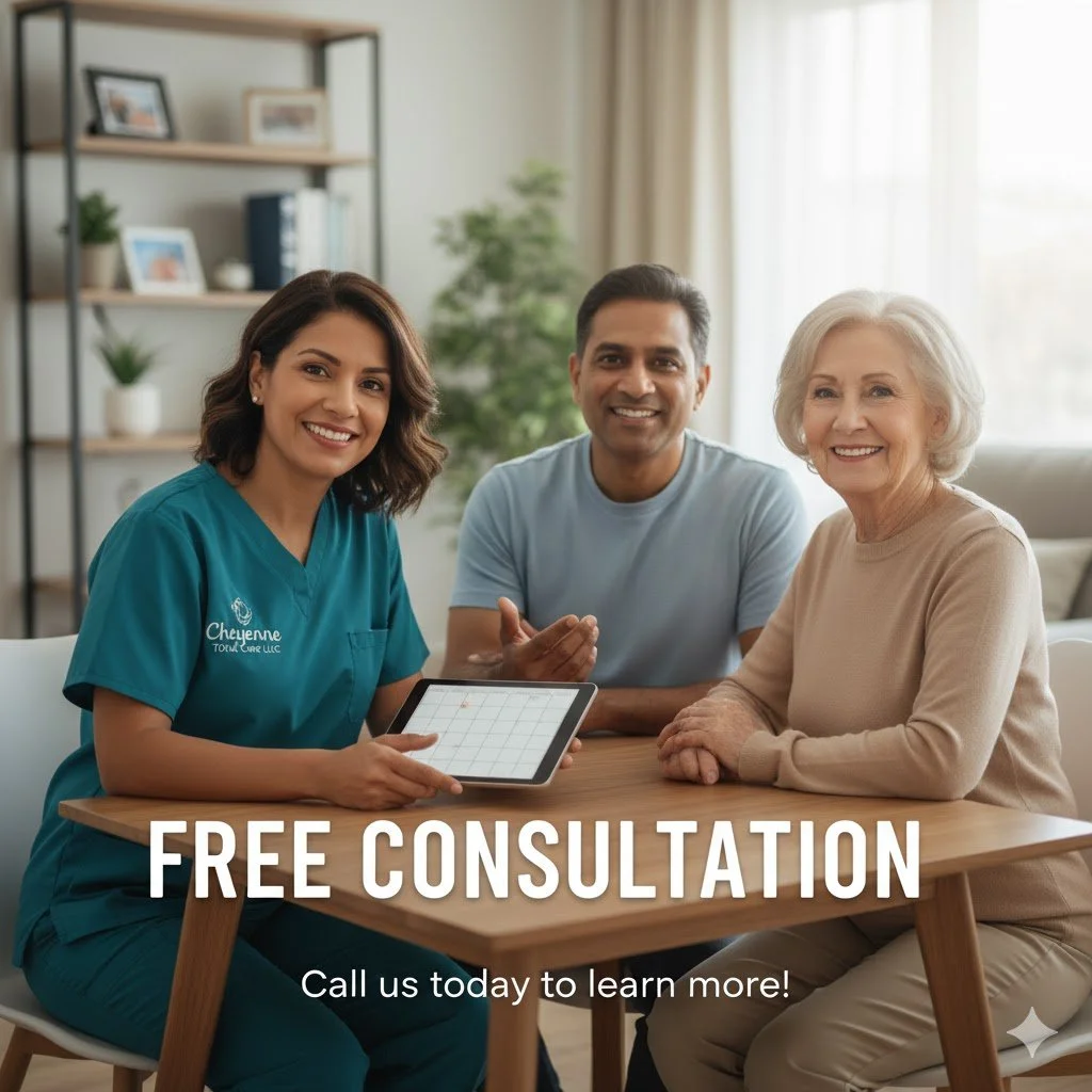 Healthcare professional in teal scrubs showing a tablet to a smiling elderly woman and a man, with text overlay that says 'Free Consultation. Call us today to learn more!'