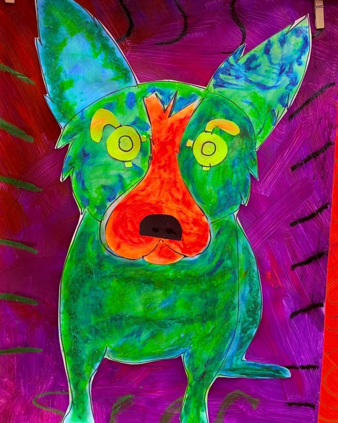 Colorful artwork of a dog with butterfly wings, neon green body, orange face, and yellow headphones, set against a vibrant purple background with stylized trees.