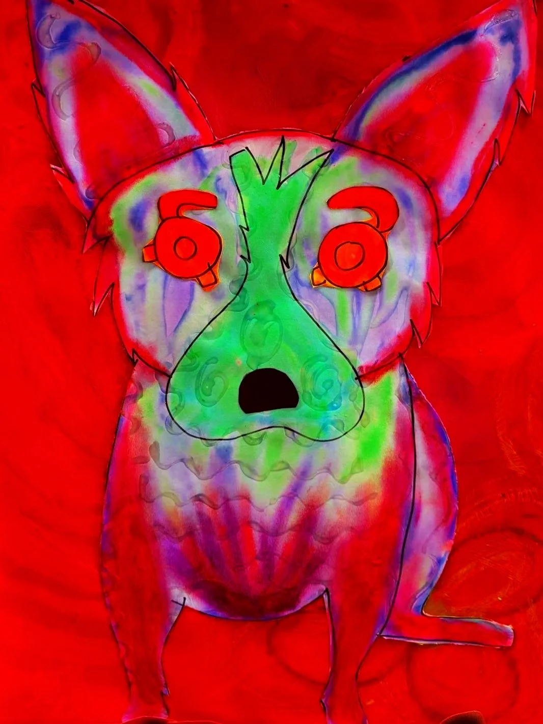 A colorful drawing of a dog with exaggerated features and a bright red background.
