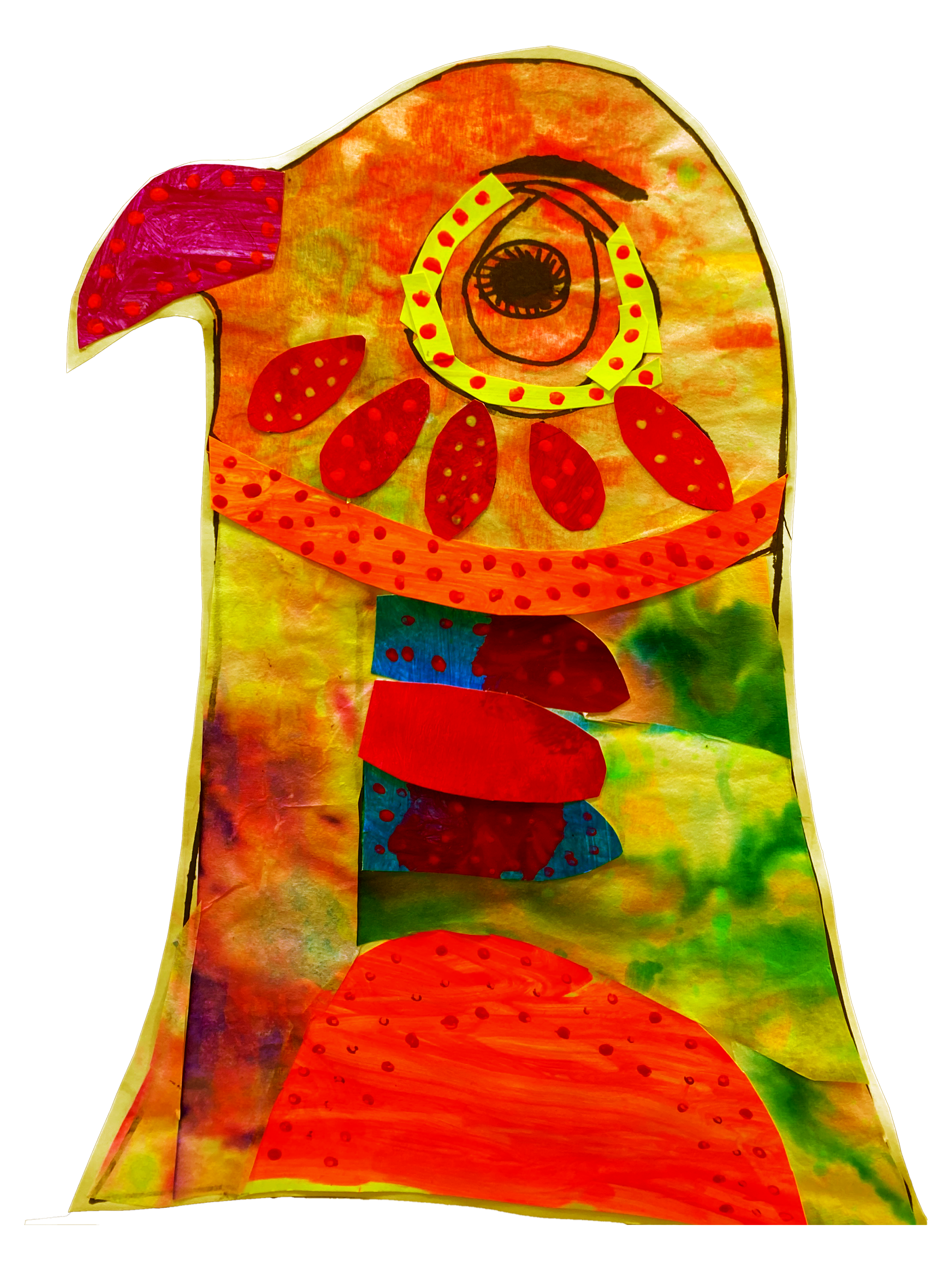 Colorful abstract artwork with a large eye at the top, surrounded by multicolored shapes and patterns, on a black background.