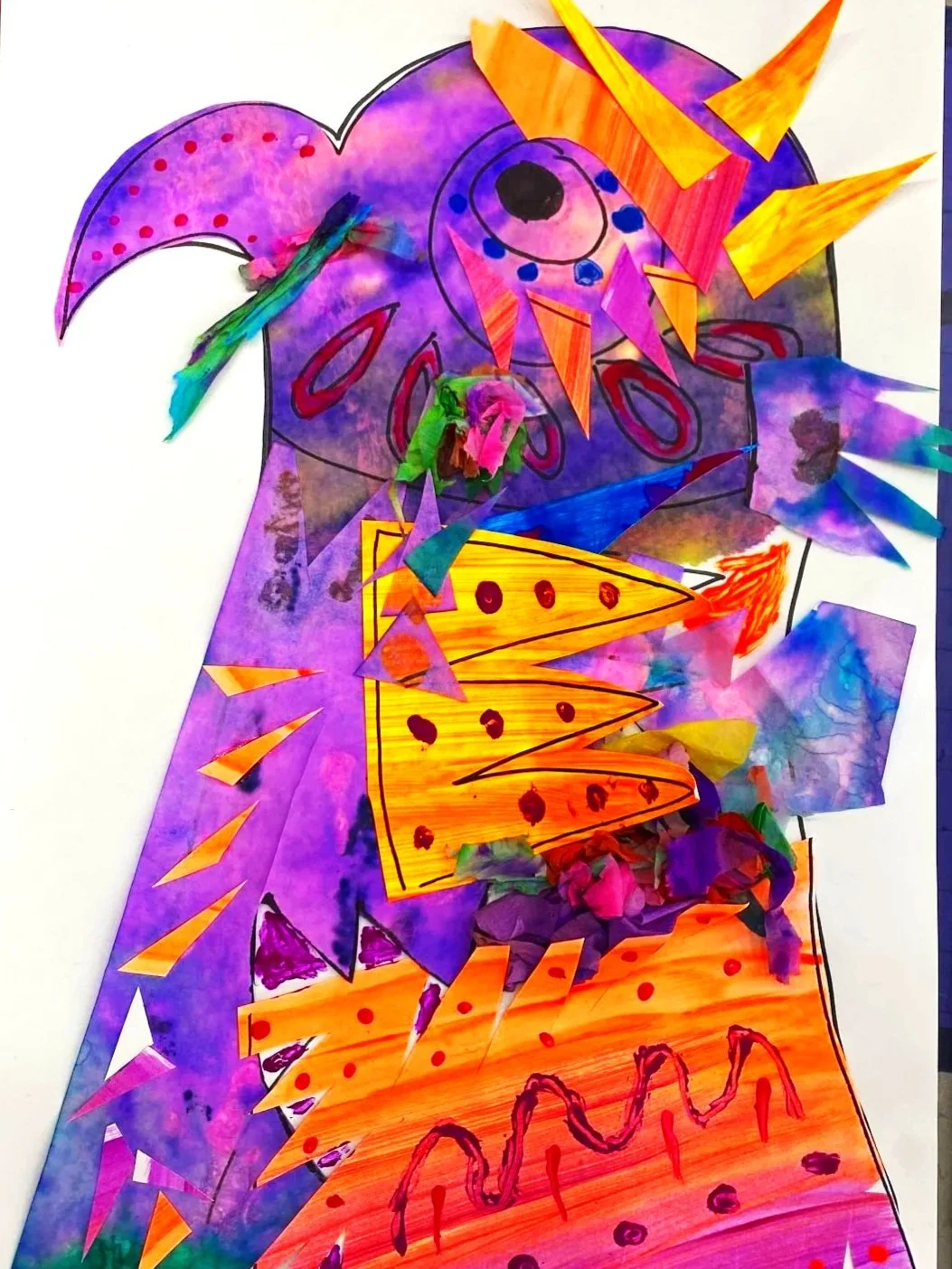 Colorful abstract art featuring vibrant purple, orange, yellow, and blue shapes, with layered paper cutouts and paint accents.