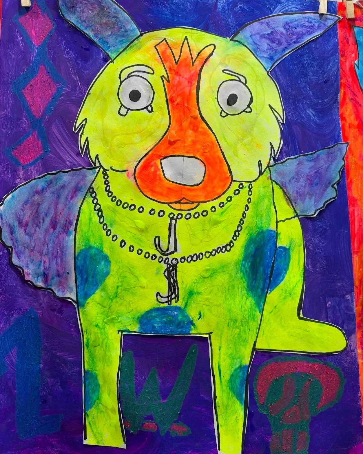 Colorful drawing of a creature with the body of a dog, featuring orange and yellow face markings, large expressive eyes, purple ears, and blue heart shapes on its body, set against a vibrant purple and red background.