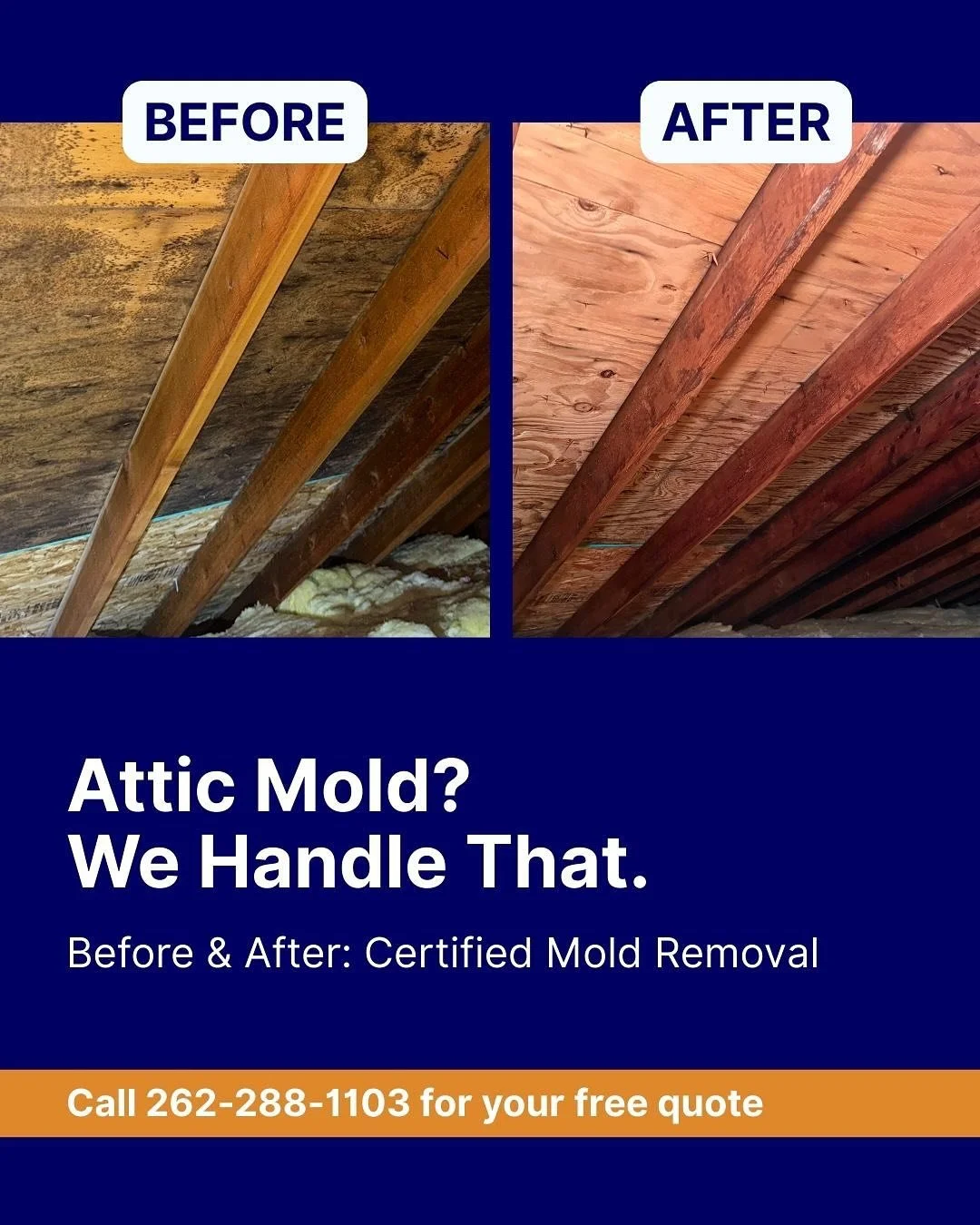Attic mold can compromise air quality, damage insulation, and stall a sale.

This before-and-after shows the impact of Viking Mold&rsquo;s certified attic treatment. Fast, thorough, and documented every step of the way.

✅ Safe for families 
✅ Ideal 
