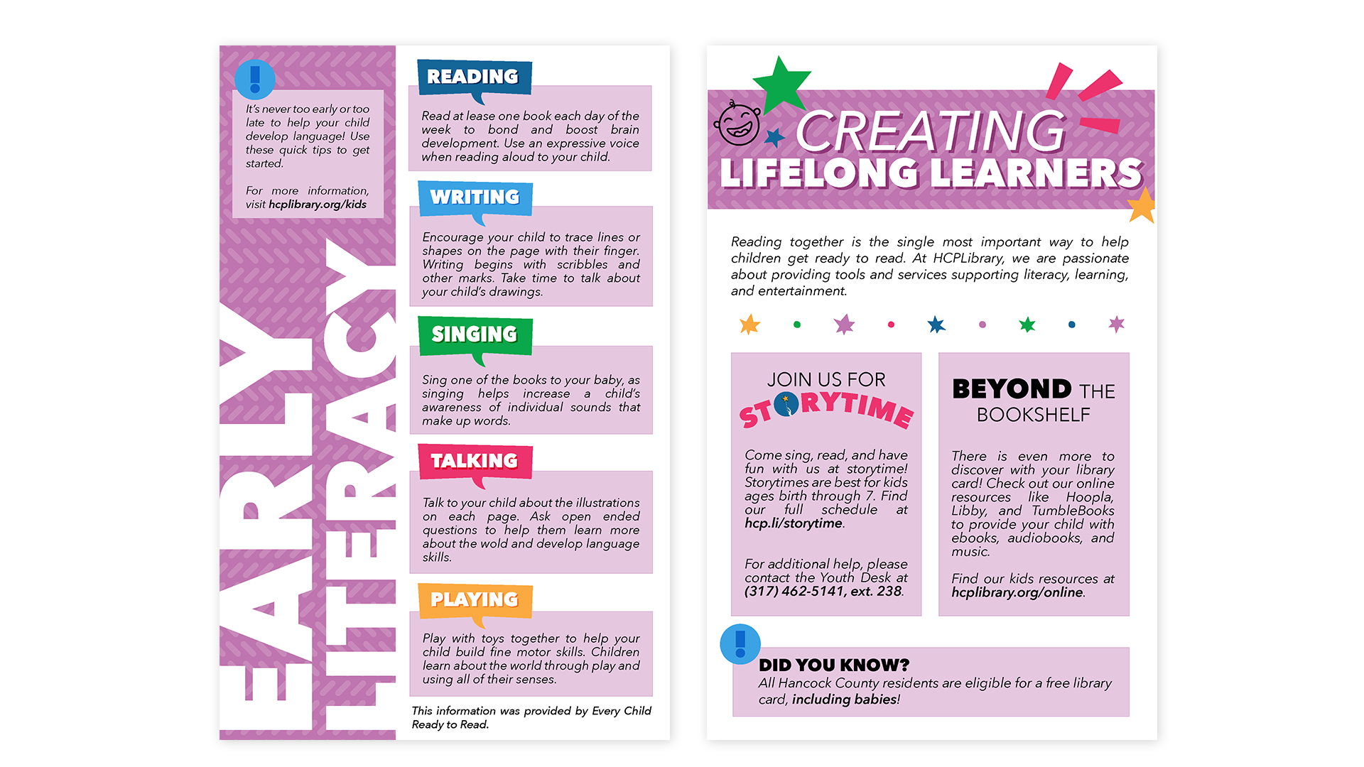 Hancock County Public Library handout promoting early literacy. This handout was created to distribute to new parents after story time. It promotes online resources, activities, and additional library events best suited for young children. Key takeaw