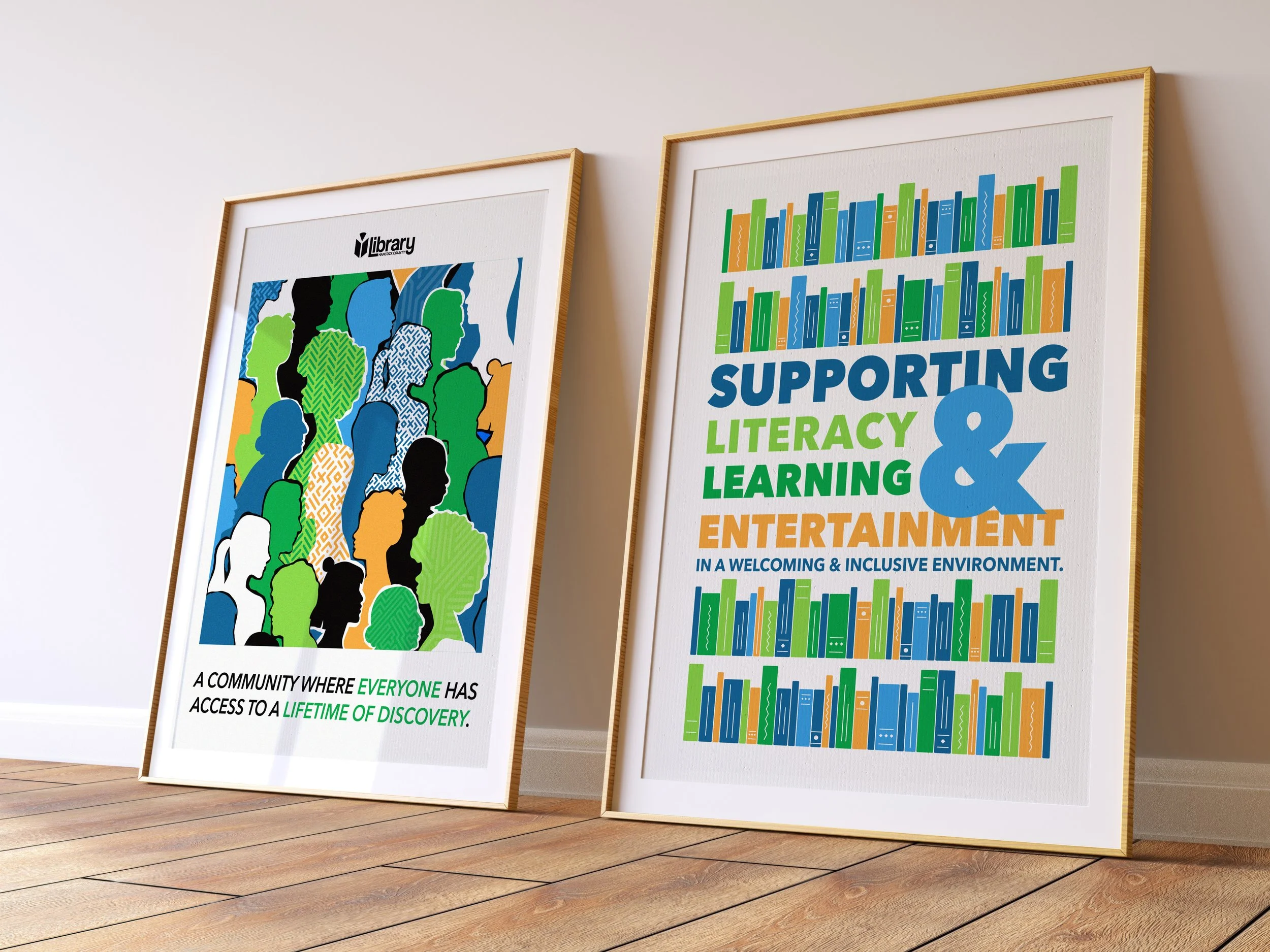 Posters for Hancock County Public Library depicting mission and vision statements.