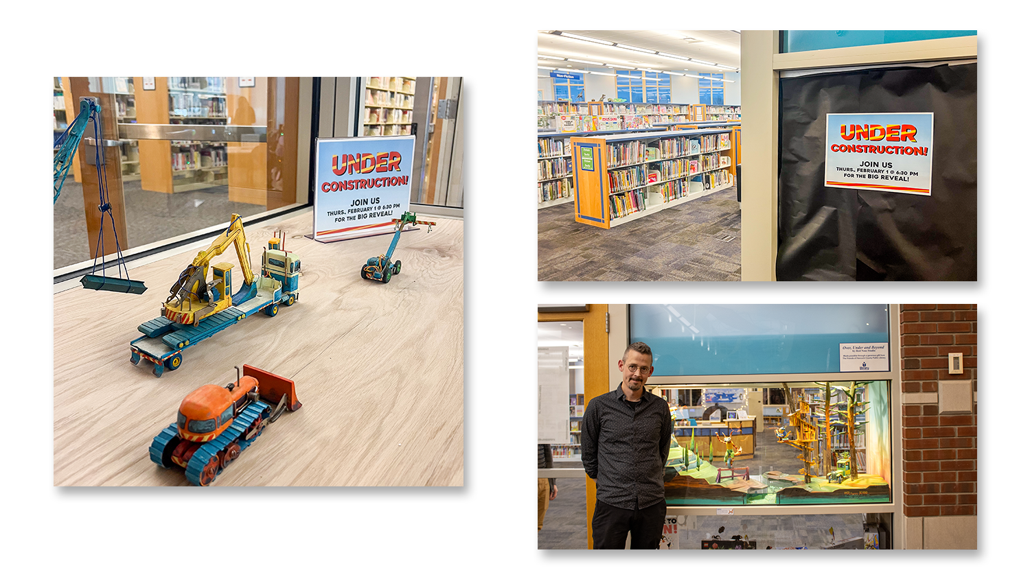 Artist Chris Sickels of Red Nose Studio lent Hancock County Public Library some of the construction vehicles from his book Build! Signs were removed at the artist's unveiling.