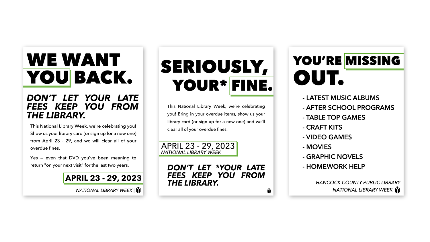 Fine Forgiveness campaign flyers created to encourage returning library users. Designed in Photoshop.