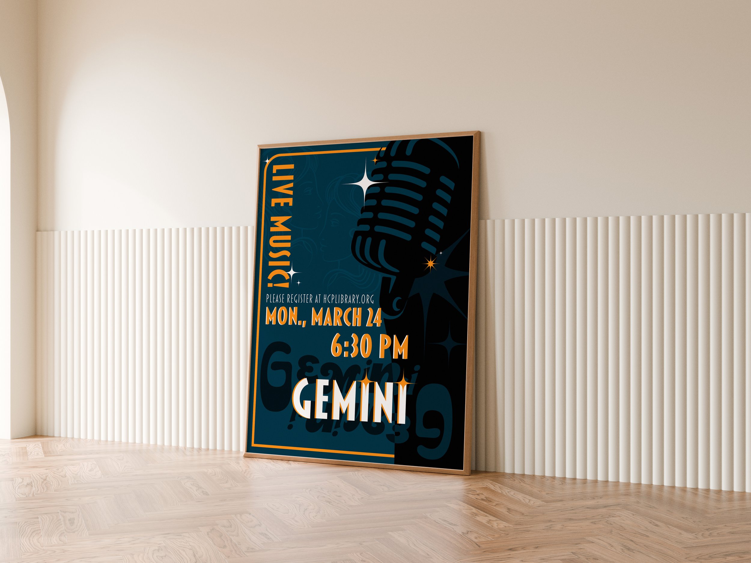 Gemini poster advertising an upcoming concert. Key takeaways from this project include typography and vector graphics.