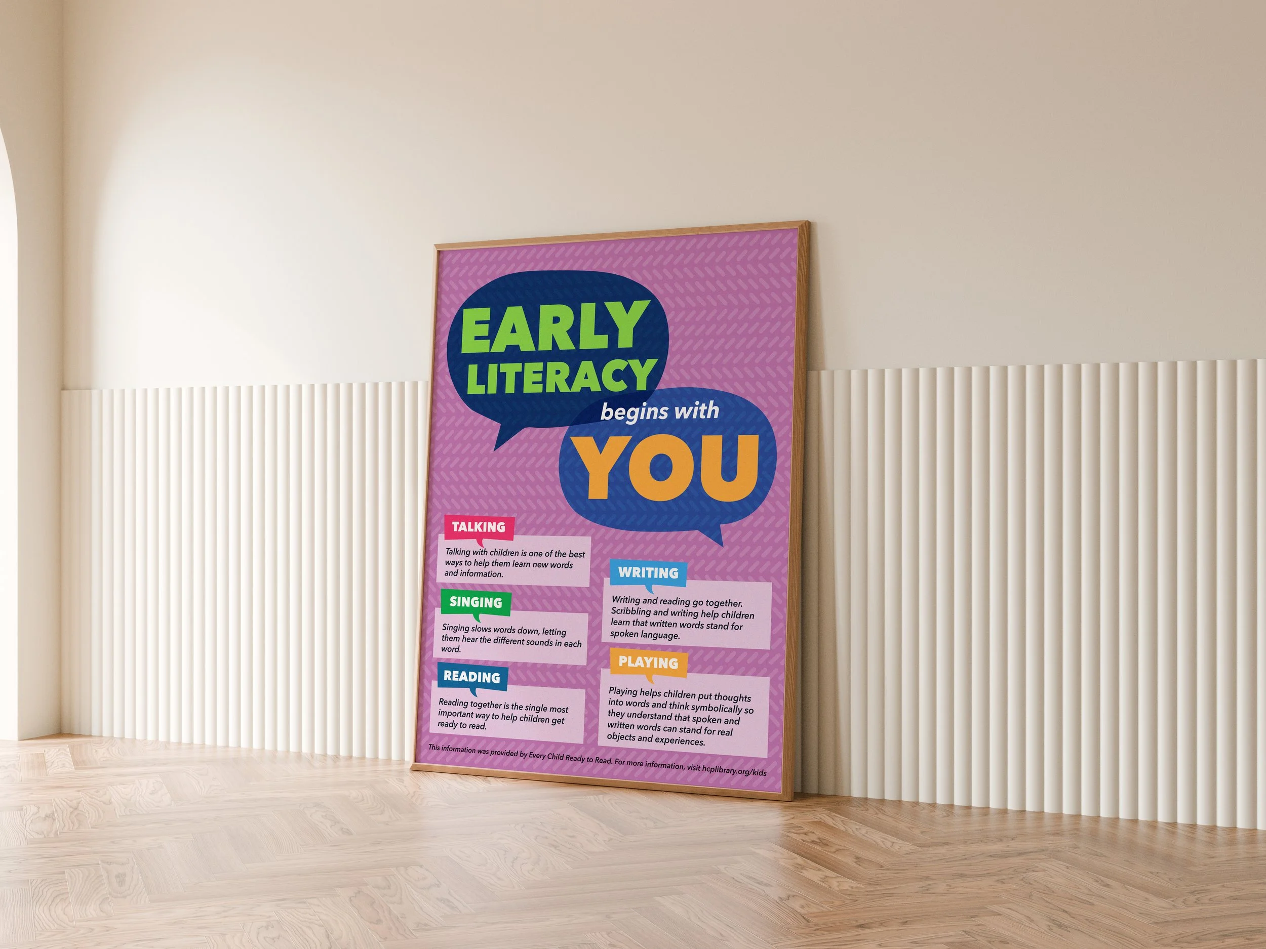Hancock County Public Library poster promoting early literacy initiatives. Key takeaways from this project include adherence to branding guidelines and color theory.