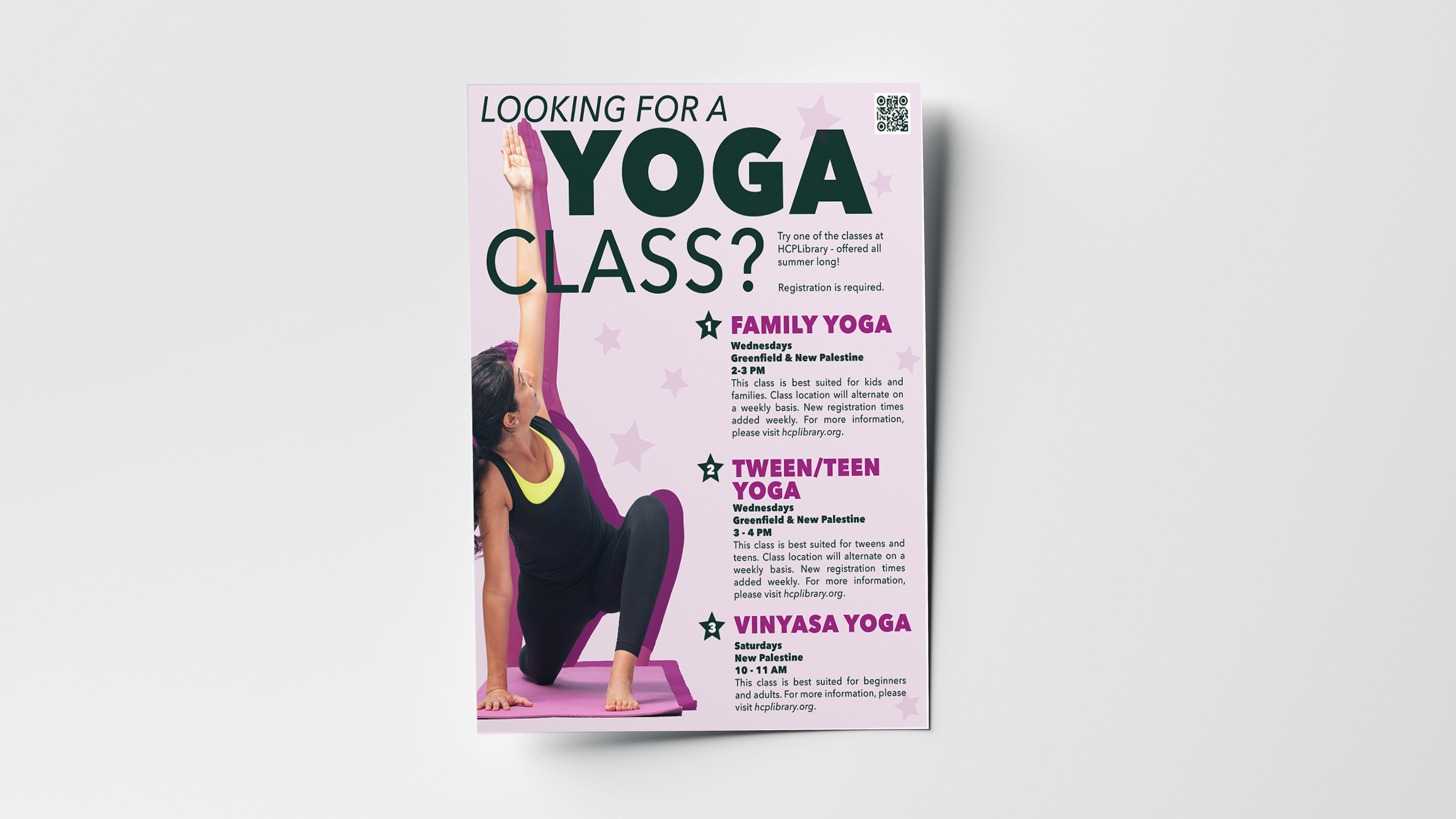 Hancock County Public Library advertisement for summer yoga classes. Key takeaways from this project include call to action and line of vision.