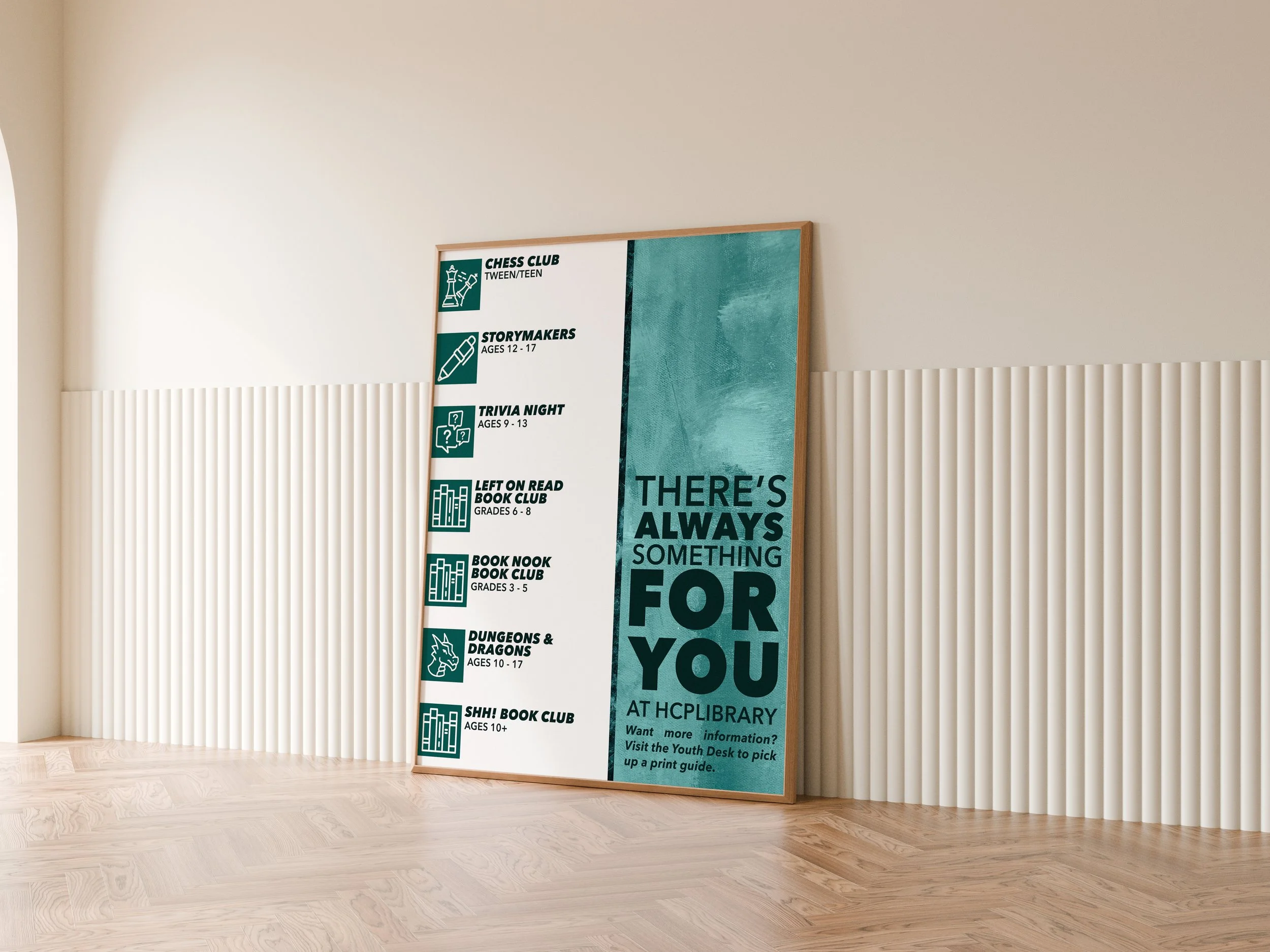 Hancock County Public Library poster advertising monthly teen events. Key takeaways include direct messaging and iconography.