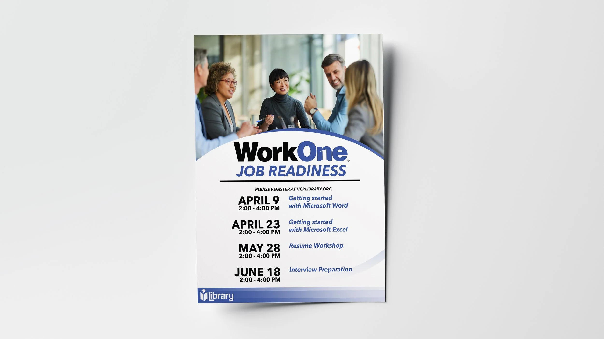 WorkOne flyer promoting job readiness events at Hancock County Public Library. Key takeaways from this project include visual hierarchy and professionalism.