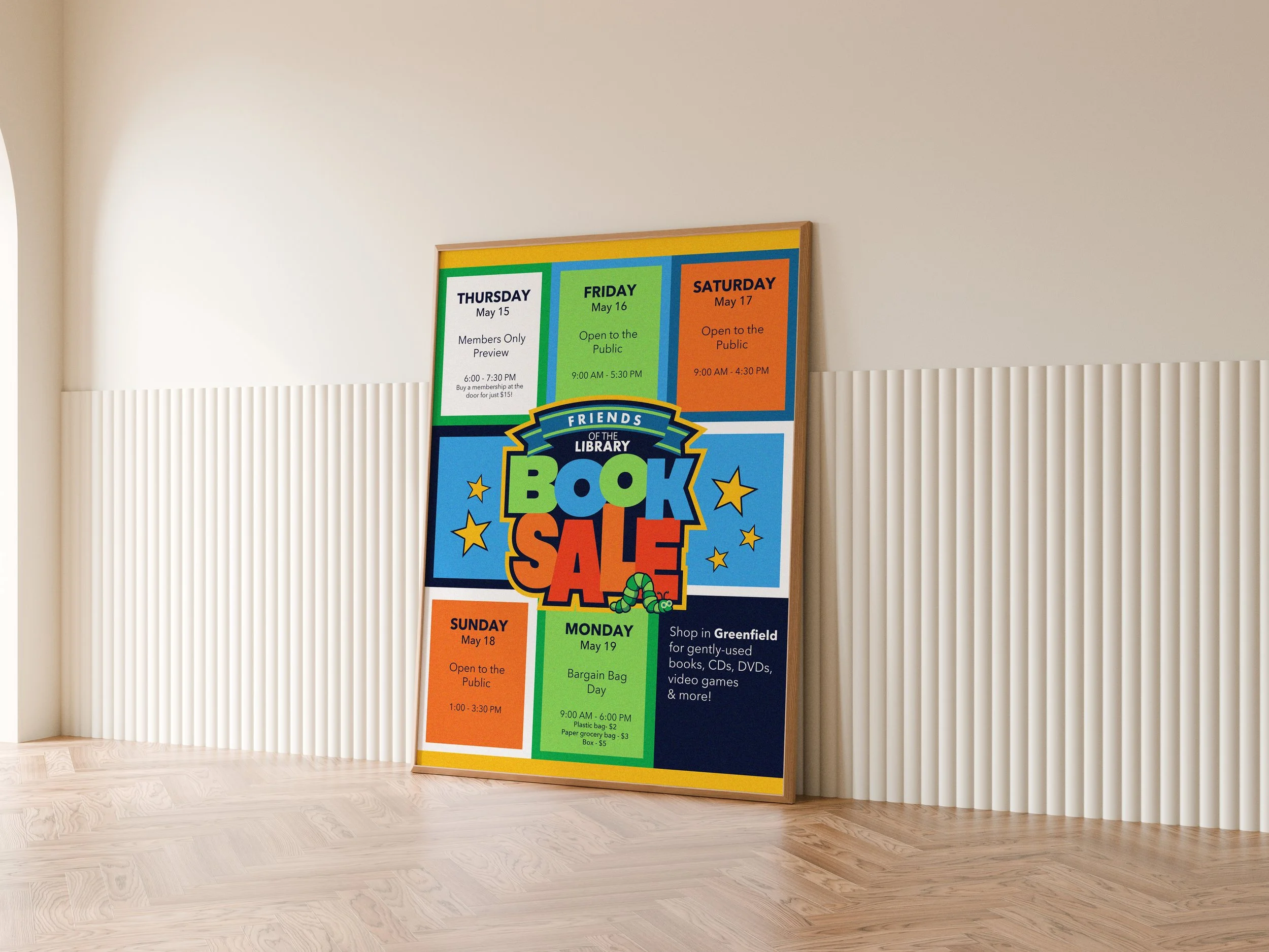 Friends of the Hancock County Public Library poster advertising an upcoming book sale. Key takeaways from this project include visual hierarchy and audience analysis.