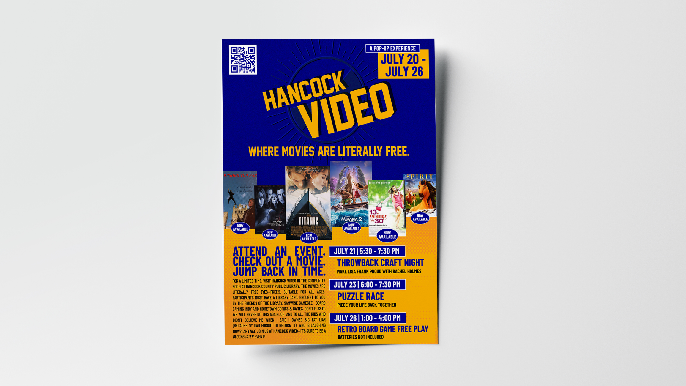 Hancock County Public Library throwback video store advertisement promoting a Blockbuster-inspired pop-up event. Key takeaways from this project include copyright, humor, and tone.
