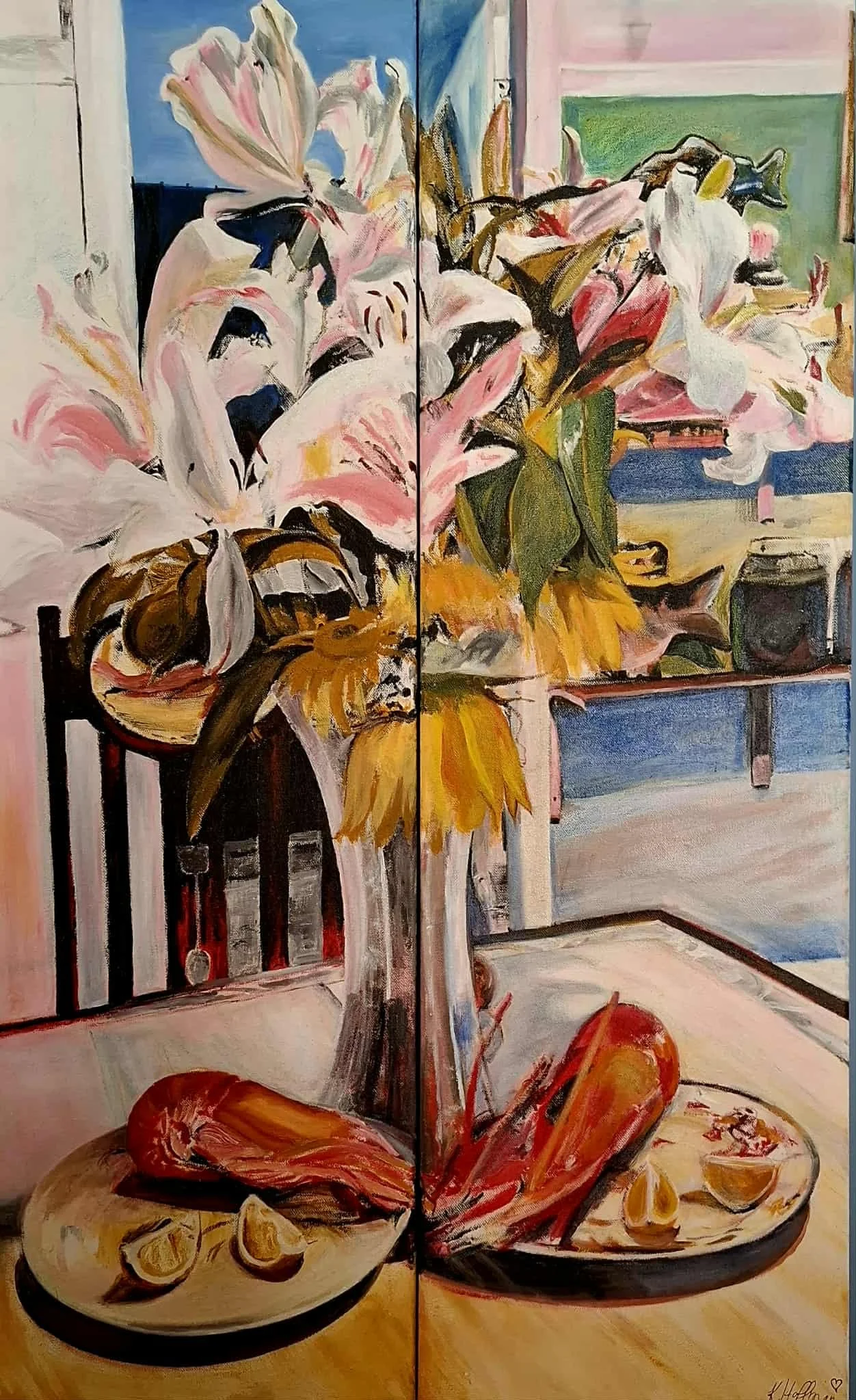 Still-life of lobsters and flowers rescued from the bin