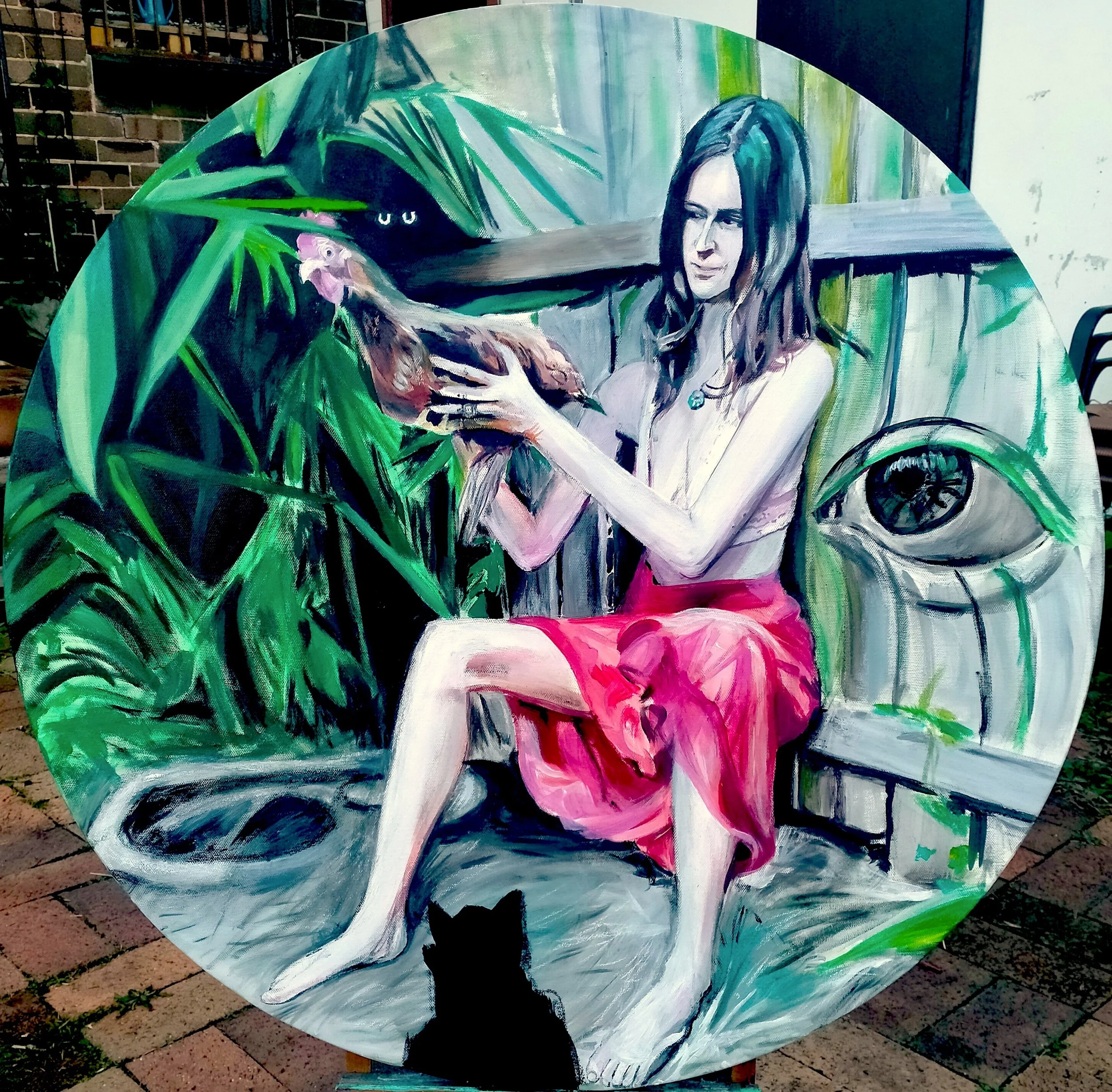 Roisin, Hocus, Pocus and chicken, oil on acrylic base, work in progress