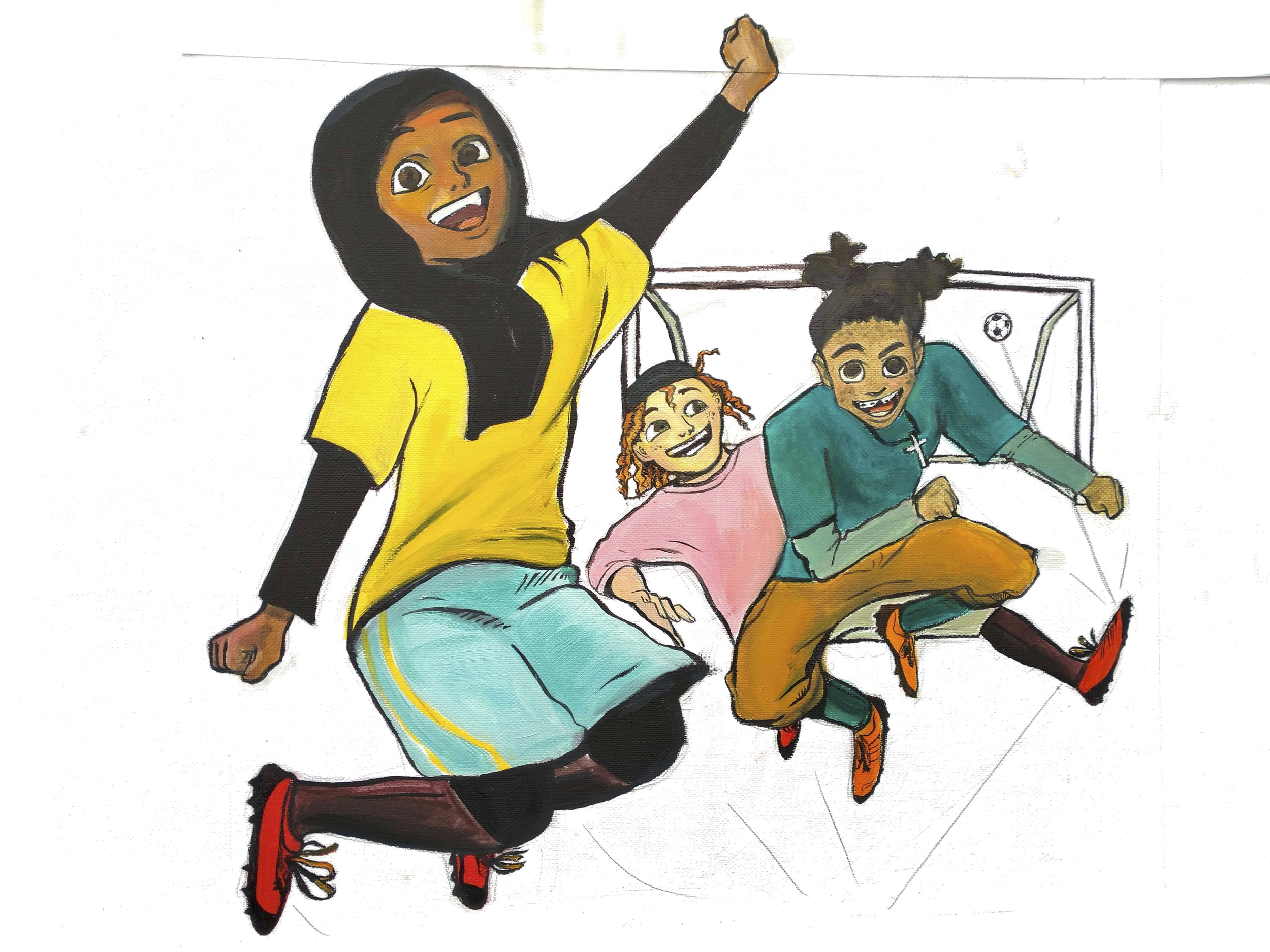 3 multi-faith children playing soccer