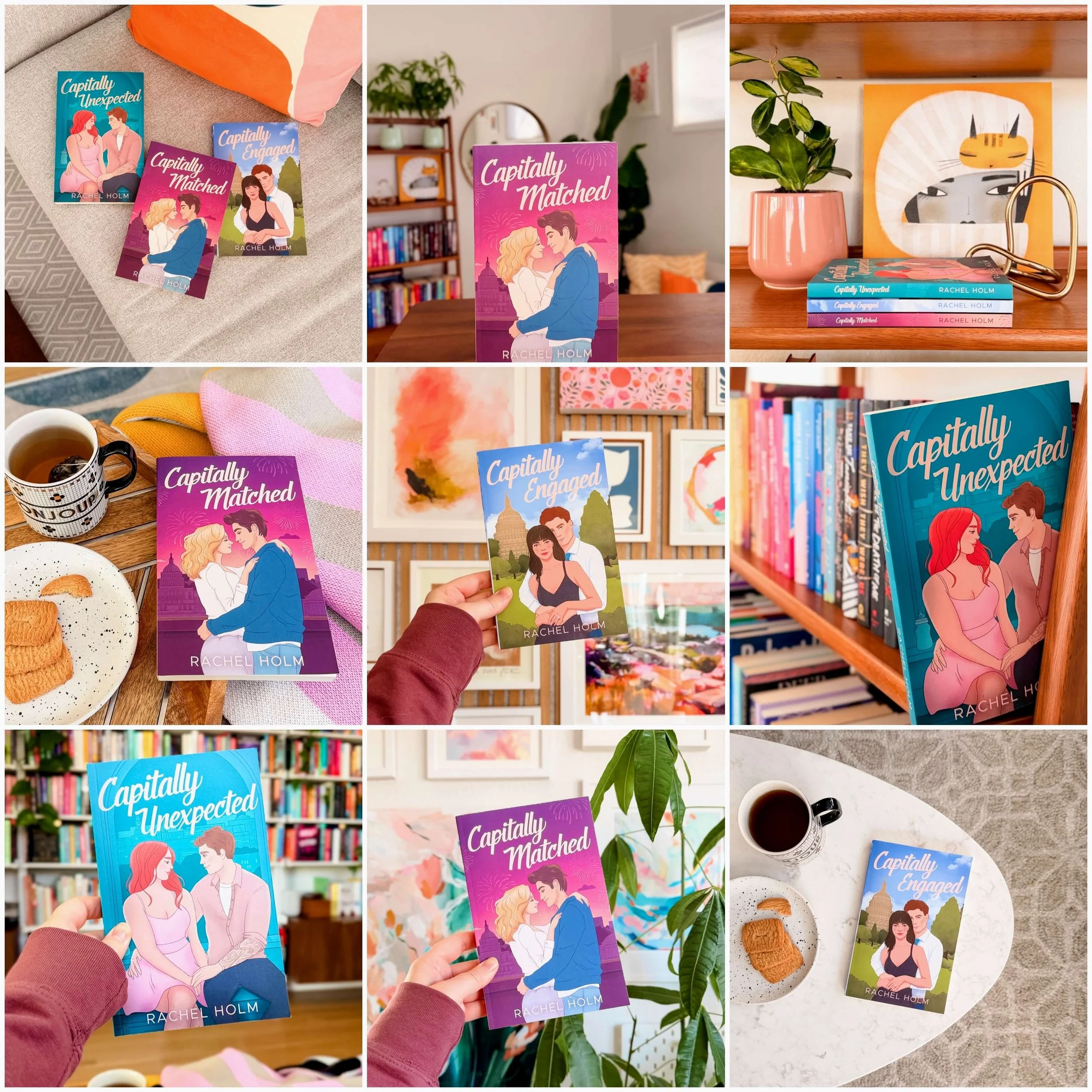 Photo collage of books by romance author Rachel Holm