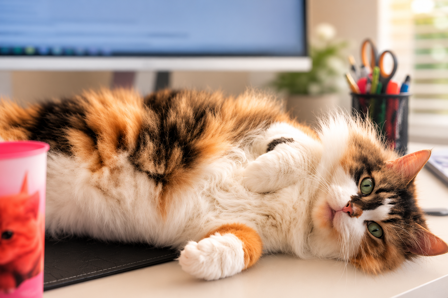 Calico cat lying on its back at a desk, with a computer monitor, a cup, and a pen holder filled with colorful pens and scissors in the background. Get in contact with Sit and Wander Co.