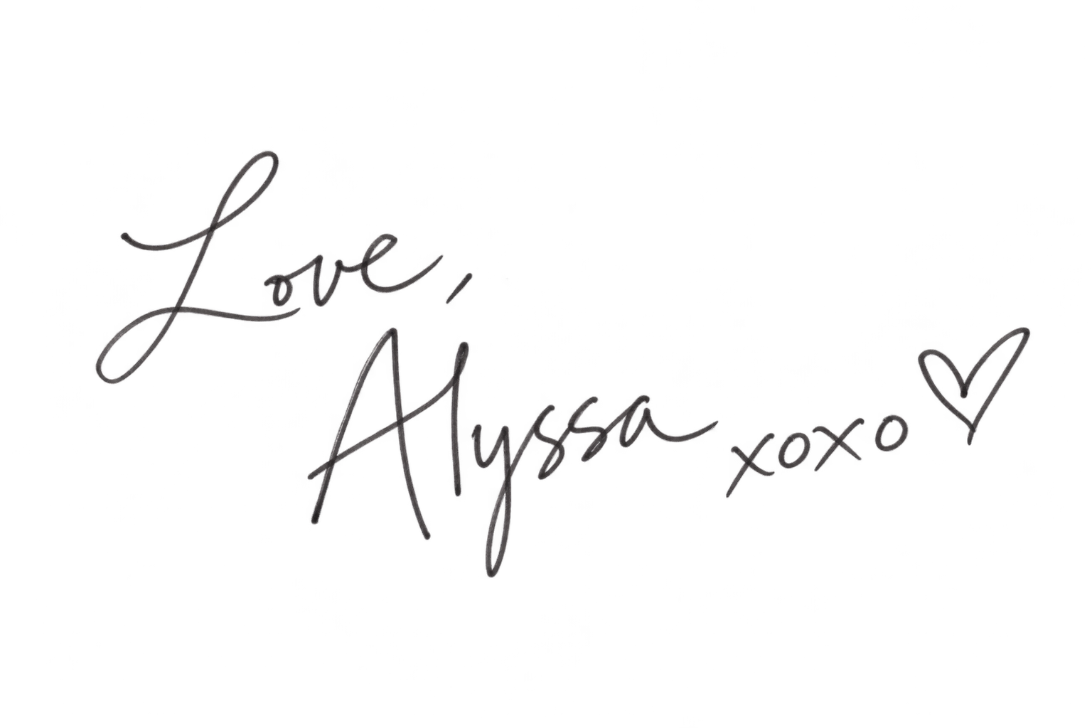 Neon-style text that says 'Love, Alyssa xoxo' with a heart symbol on a dark background with blue and red highlights.