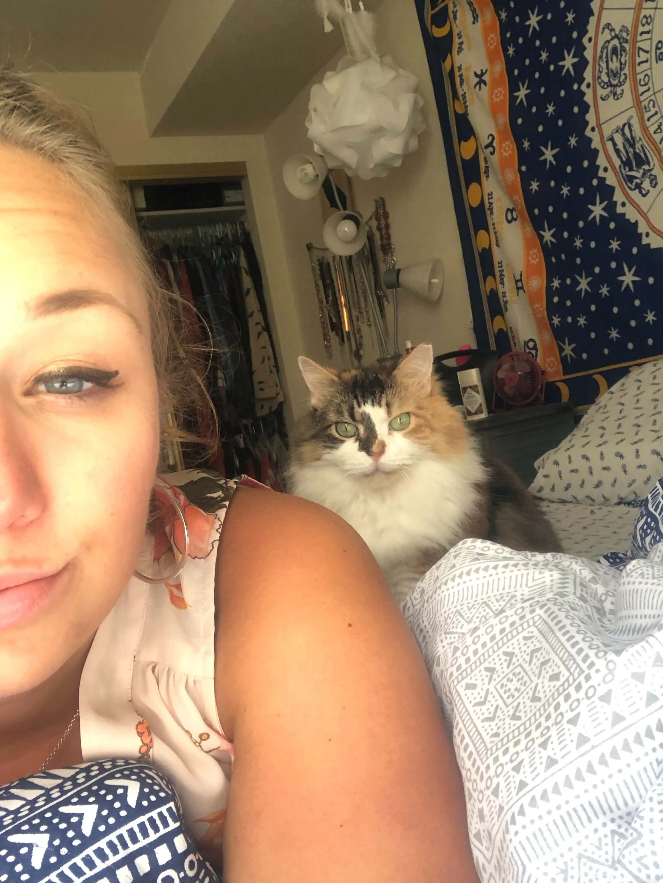 Part of a woman's face and shoulder, a calico cat with green eyes sitting on a bed, various lamps, a tapestry with stars, moon, and rocket, and a closet in the background.