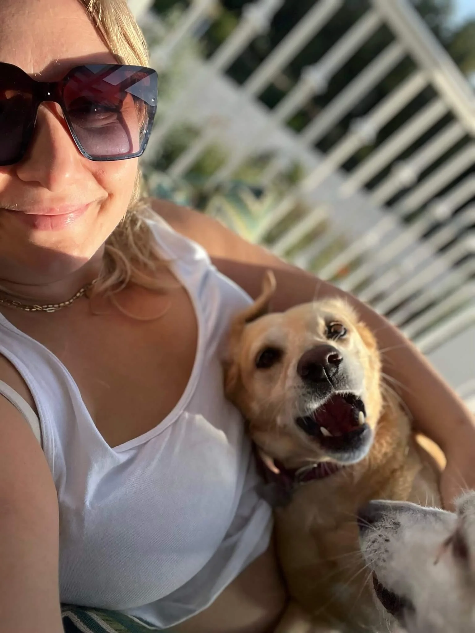 A woman with blonde hair and sunglasses smiling, sitting next to a large, happy golden retriever dog outdoors on a sunny day.