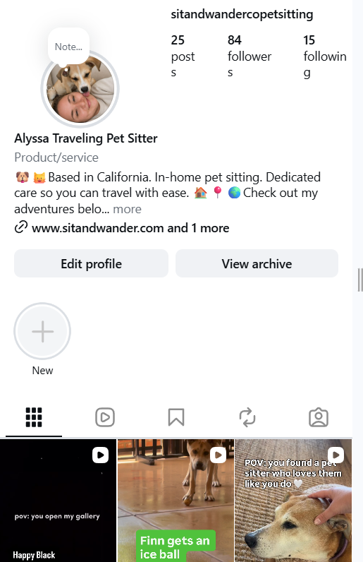 Instagram profile of Alyssa Traveling Pet Sitter, featuring her profile picture of a person with a dog, and a bio mentioning pet sitting in California with emojis of a dog, house, balloon, and globe. The profile shows 25 posts, 84 followers, and 15 following, with options to edit profile or view archive.