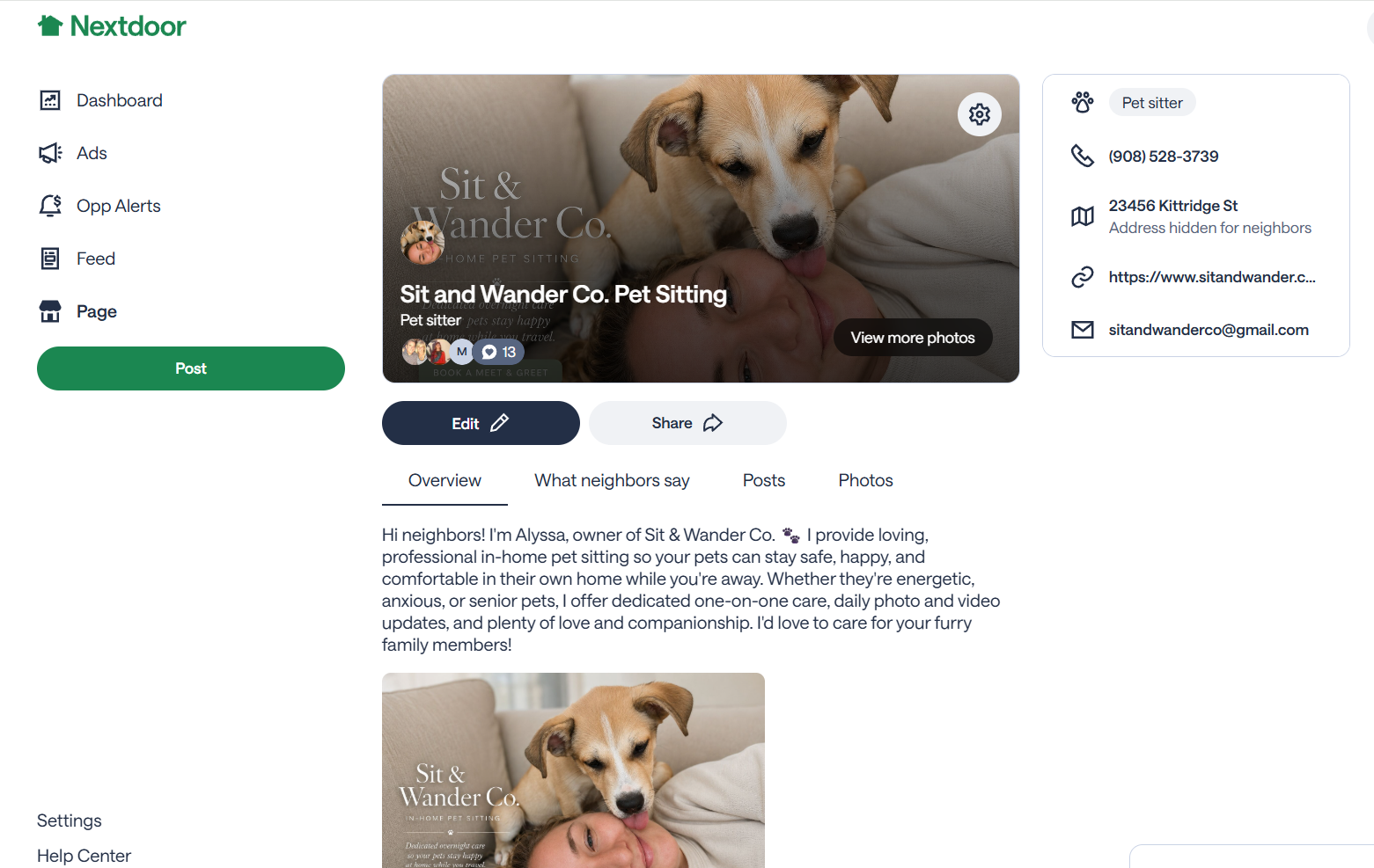 A woman lying on a couch with a tan and white dog, a pet sitting service advertisement for Sit & Wander Co., pet sitting business