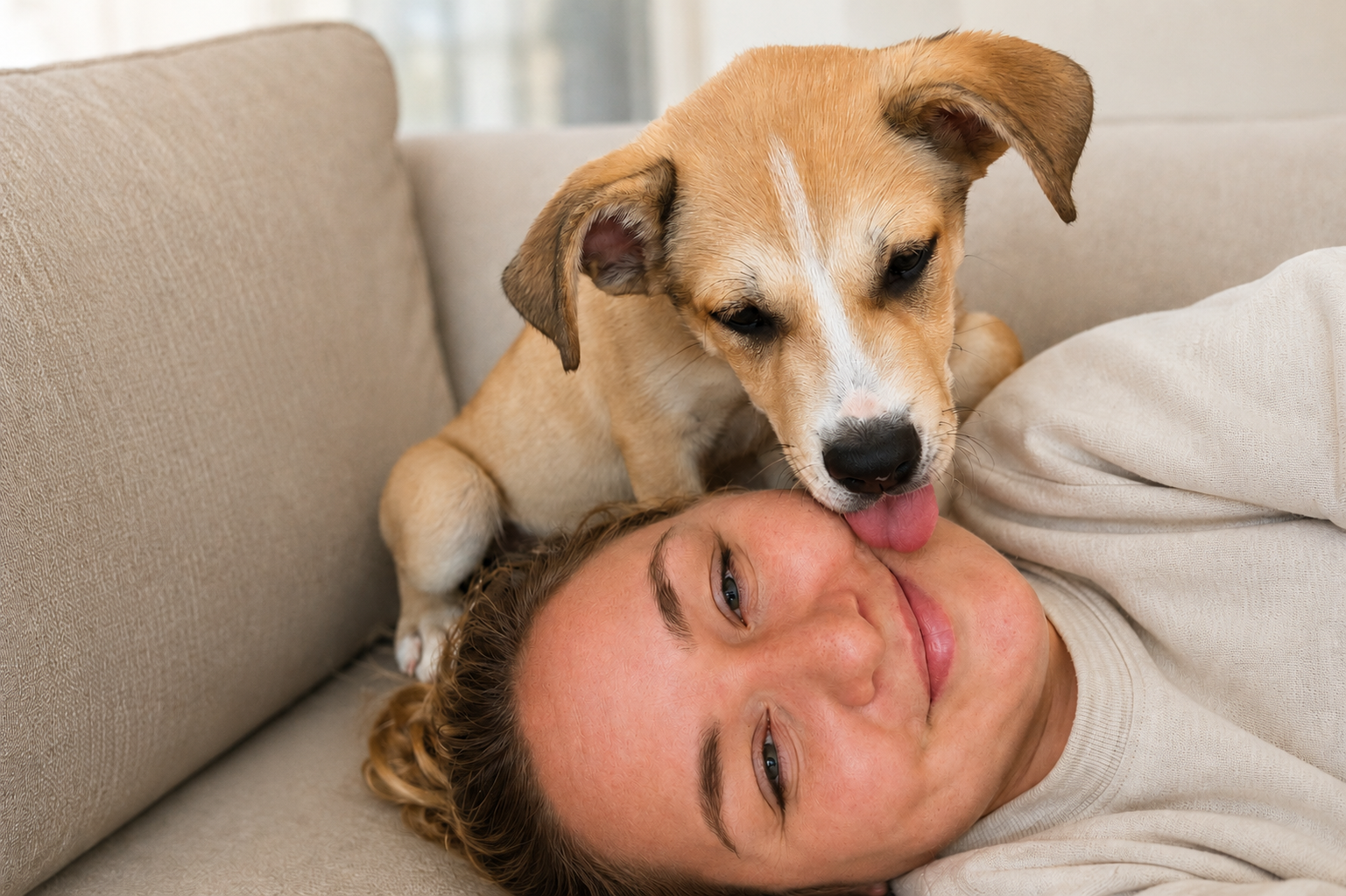 Young woman lying on a beige sofa with a light-colored dog licking her face.