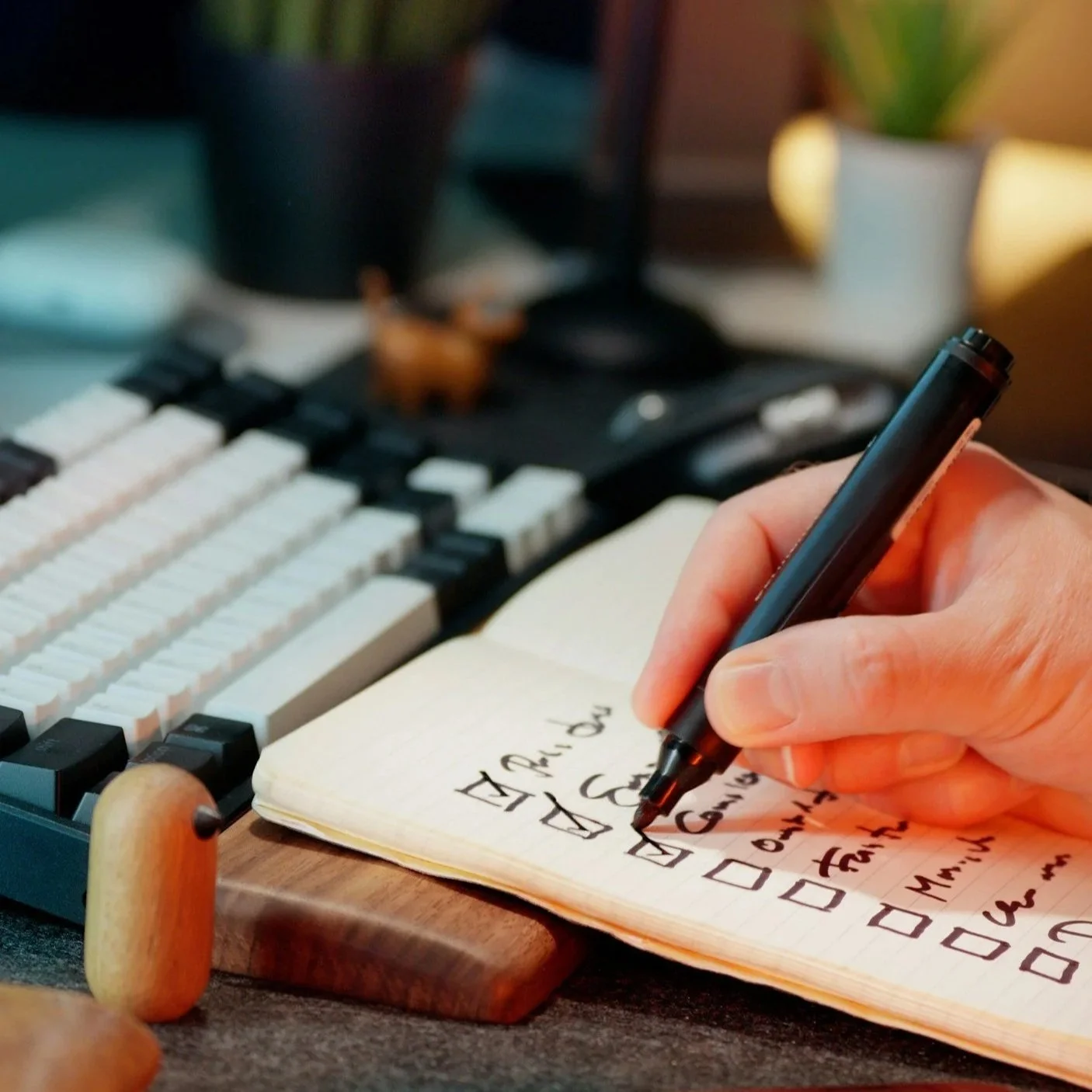 A person writing in a notebook with a black marker near a keyboard, with a blurred background of desk items and potted plants.