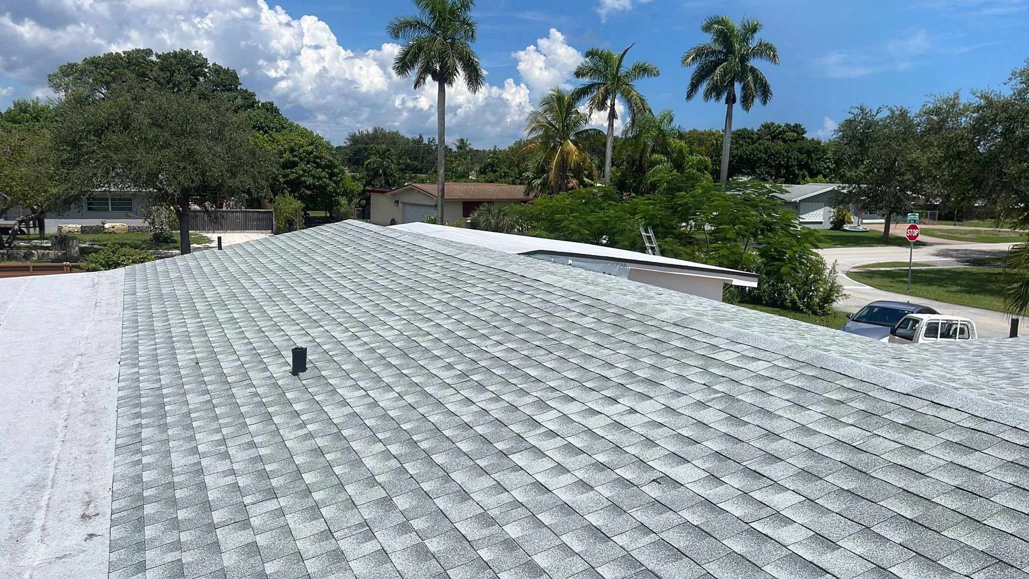 View of a residential roof with gray shingles, neighboring trees, several palm trees, a stop sign, and a clear blue sky with clouds.