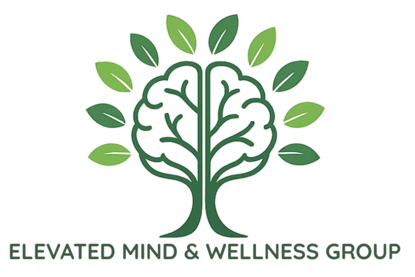 Logo of a stylized tree with green leaves and a brain-shaped trunk, with the text "Elevated Mind & Wellness Group" below.