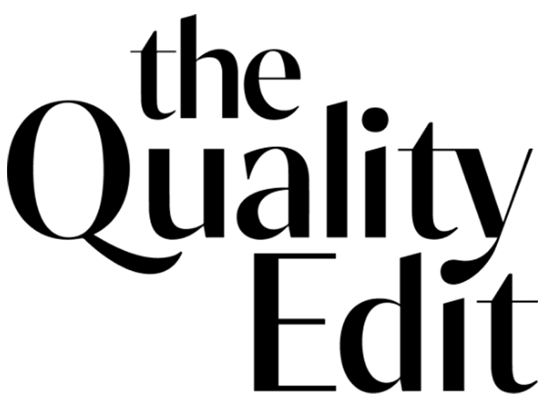 Logo with the words 'the Quality Edit' in large, black, stylized font