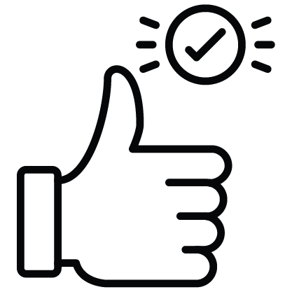 Outline of a thumbs-up hand gesture with a check mark inside a circle at the top.