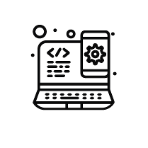 Line drawing of a laptop with code and gears displayed on its screen, symbolizing programming or software development.