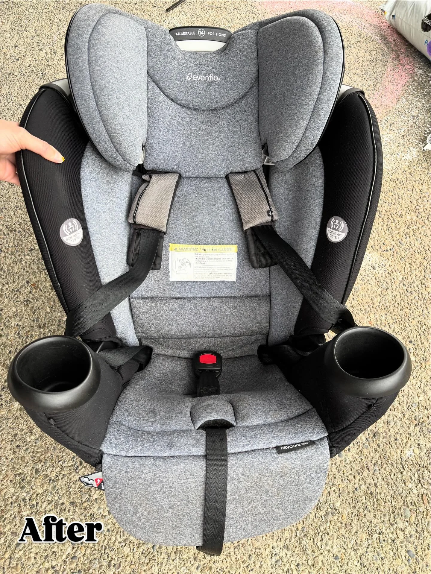 Safe cleaning methods are ✨critical✨ to maintaining the safety of your car seats! We never soak straps, foam, or non-removable pieces, or use harsh cleaners&mdash;a drop of Dawn diluted on a damp rag is all you need for those parts. After vacuuming, 