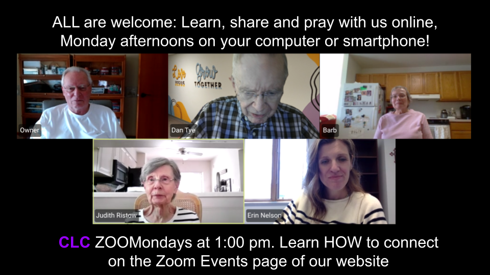 Screenshot of a virtual Zoom meeting with six participants, titled with information about online learning, sharing, and prayer sessions on Mondays at 1:00 pm, with instructions to learn how on their website or Facebook page.